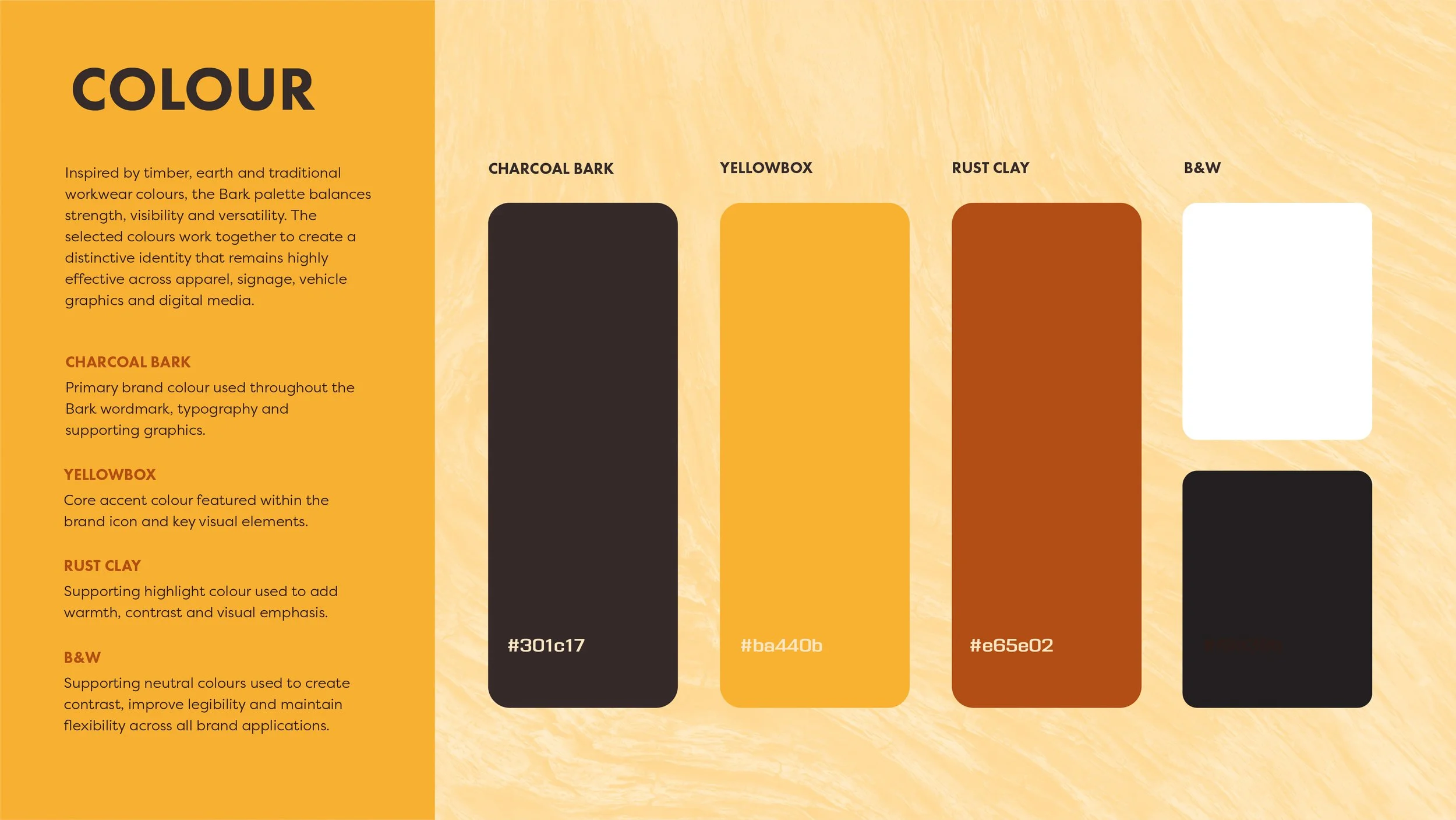 Comprehensive brand guidelines developed for Bark Construction, defining logo usage, typography, colour palette, brand hierarchy and visual standards to ensure consistency across digital and printed applications.