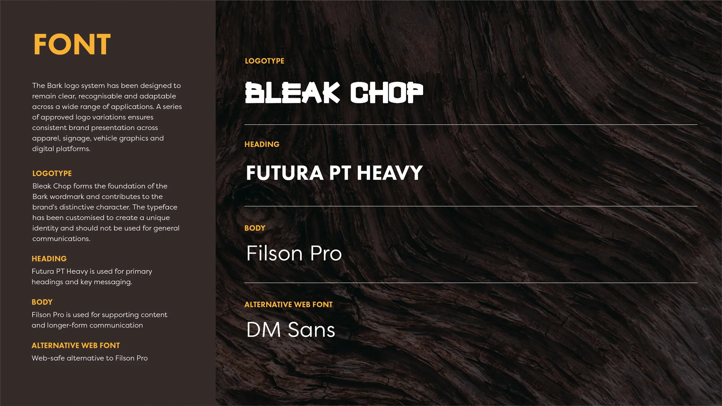 Comprehensive brand guidelines developed for Bark Construction, defining logo usage, typography, colour palette, brand hierarchy and visual standards to ensure consistency across digital and printed applications.