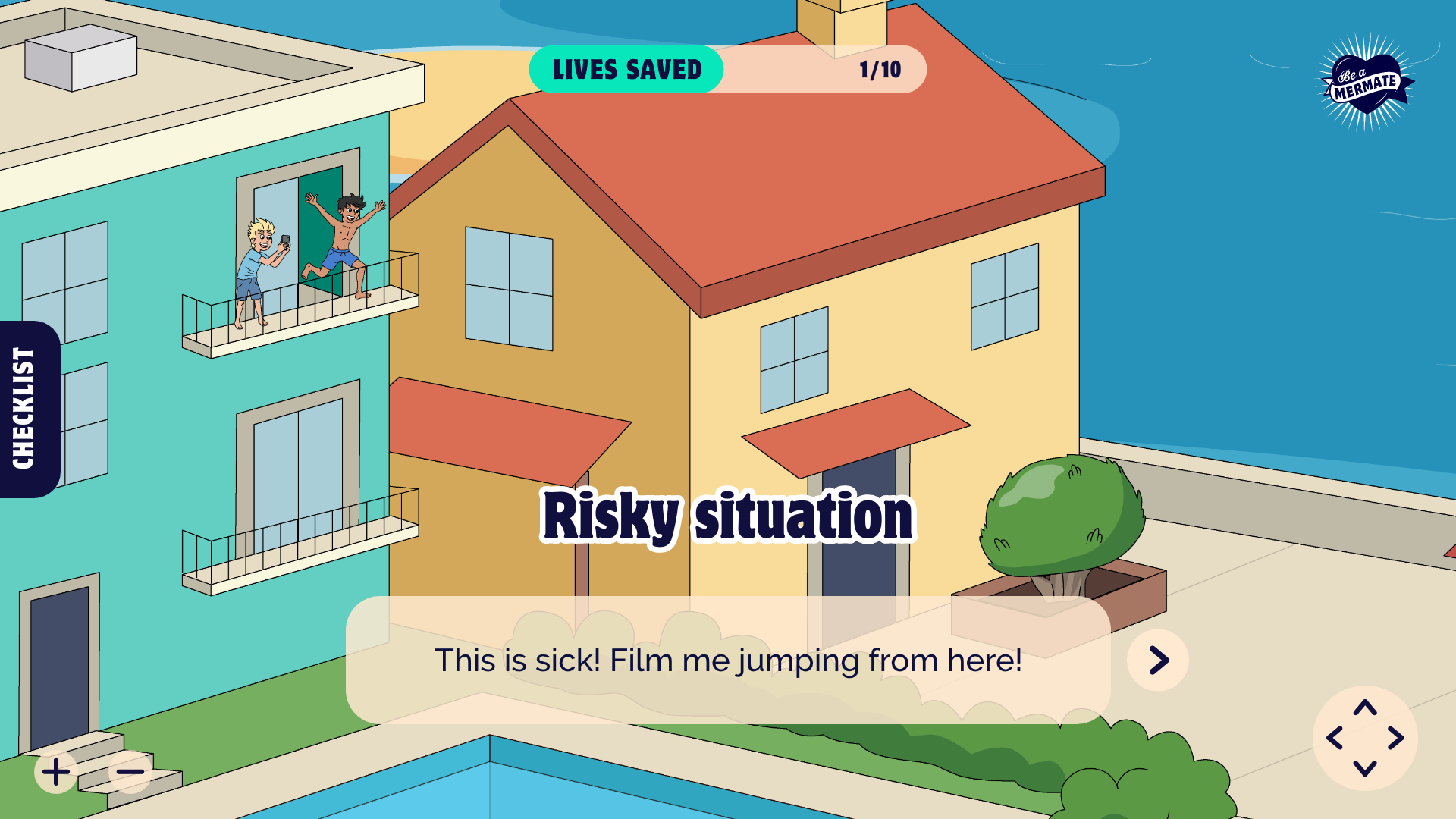 Interactive water safety game combining custom illustration, environmental design and educational storytelling to help students identify hazards through exploration and play.