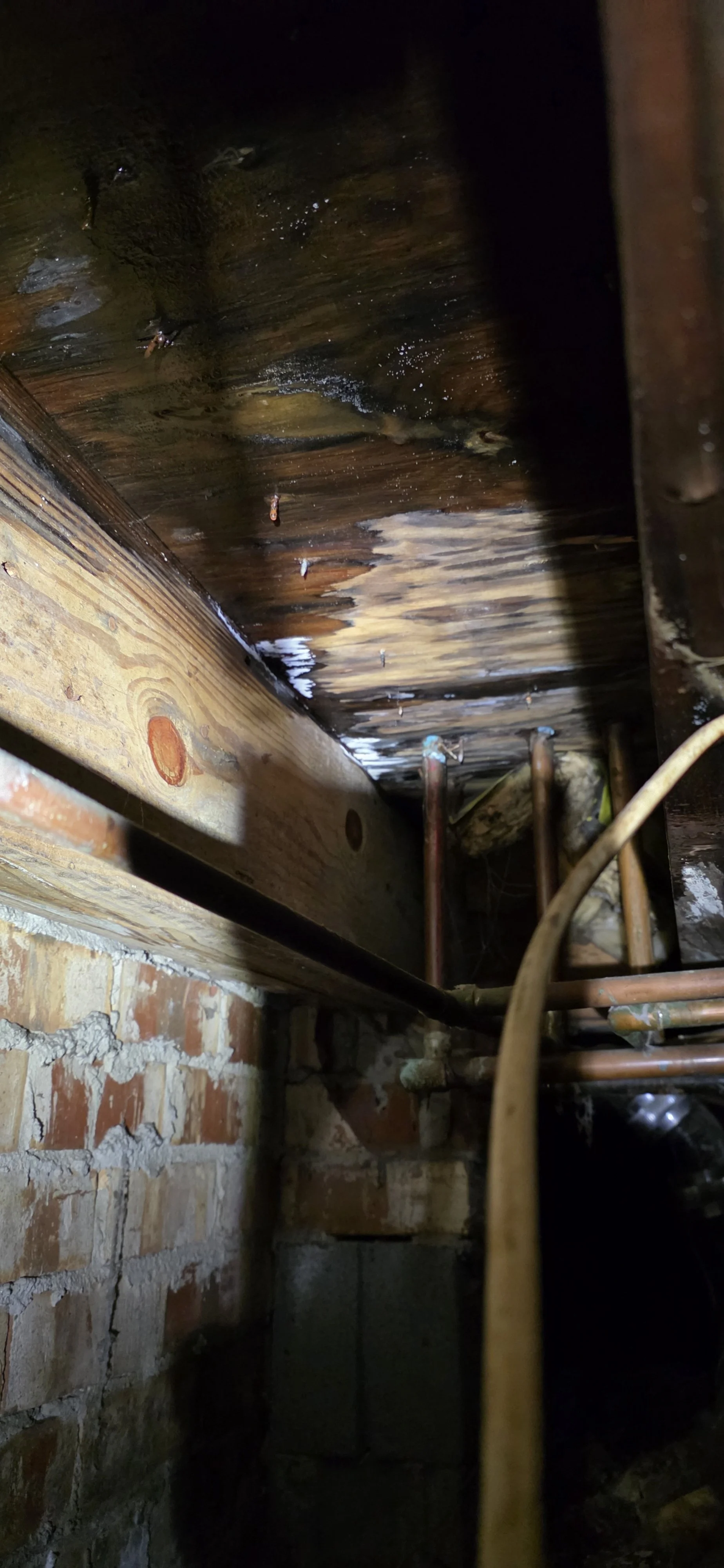 View of a HVAC duct and copper pipes in a crawlspace ceiling, with exposed brick wall.