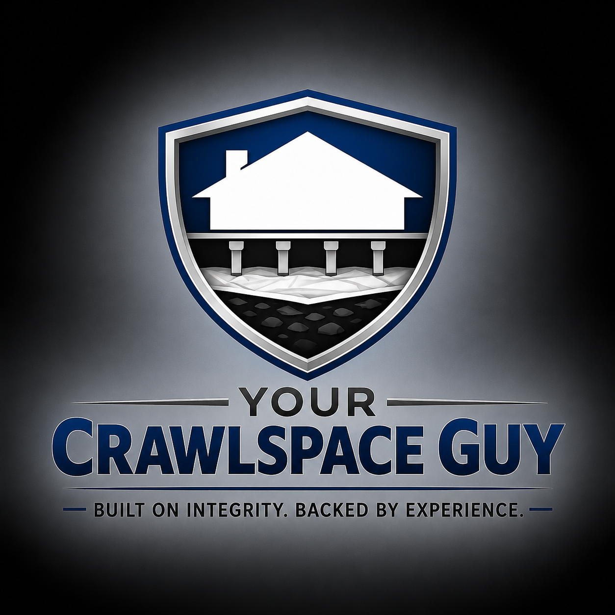 A shield logo with a silhouette of a house held up by stilts over water. Below the logo, the text reads "Your Crawlspace Guy" with a tagline "Built on integrity. Backed by experience."