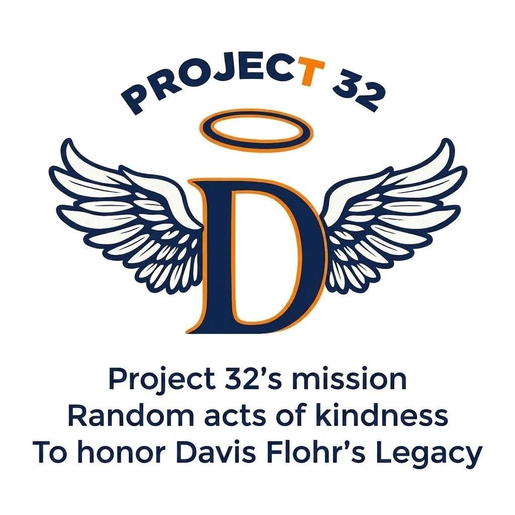 Logo for Project 32 featuring a large letter D with angel wings and a halo, along with text describing the mission to honor Davis Flohr's legacy through acts of kindness.