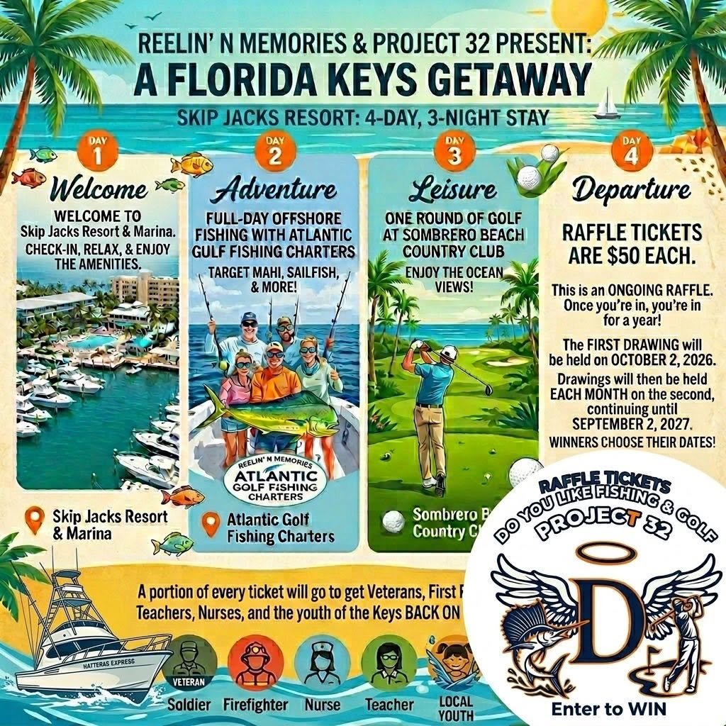 Poster for Florida Keys getaway event with activities including resort check-in, offshore fishing, golf, and a raffle. Features images of the resort, fishing, golf, and a raffle ticket with project logo.