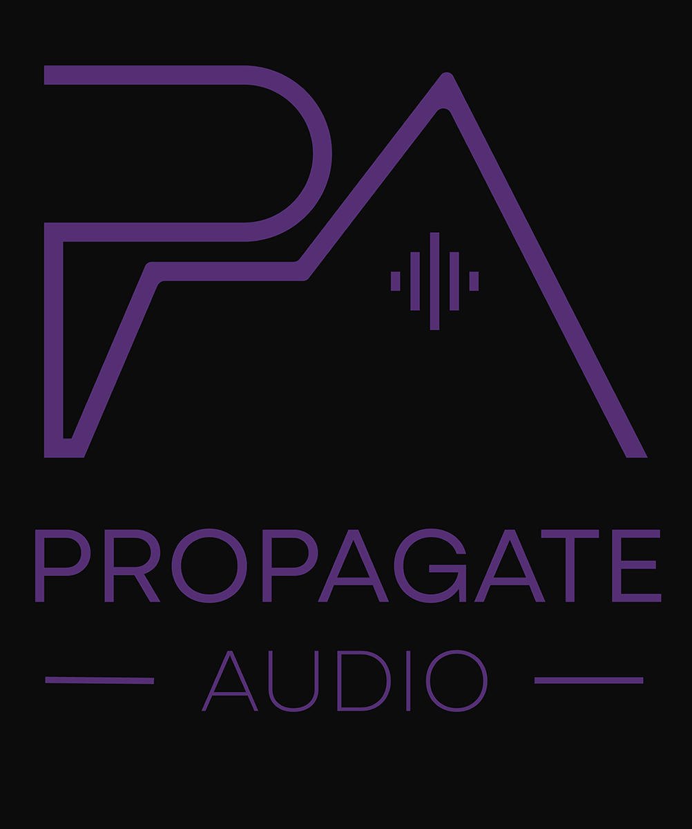 A logo for Propagate Audio featuring a stylized mountain with sound wave lines and purple lines and text on a black background.