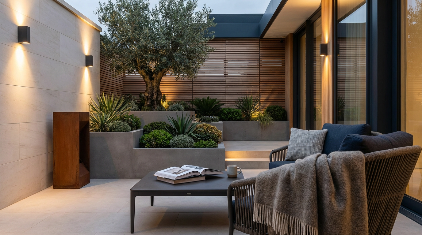 Modern outdoor patio with a gray sofa, blanket, pillow, coffee table, open magazine, and mug, adjacent to a lush garden with trees and plants, illuminated by warm lights.