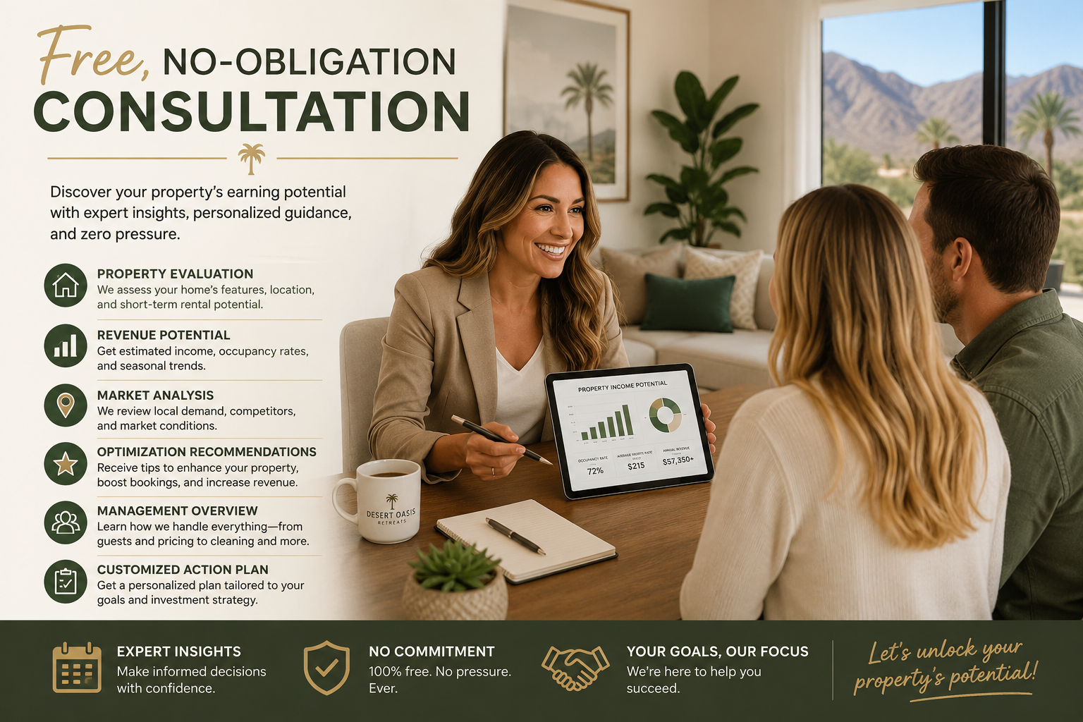 A woman explains property evaluation and income potential to a couple during a consultation in a well-lit room with mountain view.