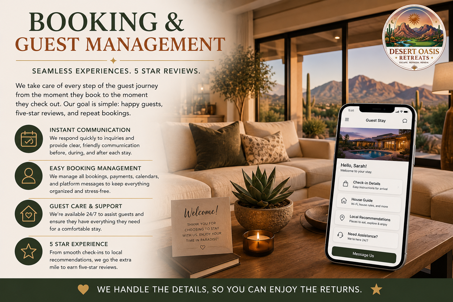 An informational poster for Desert Oasis Retreats promoting booking and guest management services. It features icons for communication, booking management, guest support, and five-star reviews, with a background of a cozy living room with large windows showing desert mountains, and a smartphone displaying a guest stay app interface.