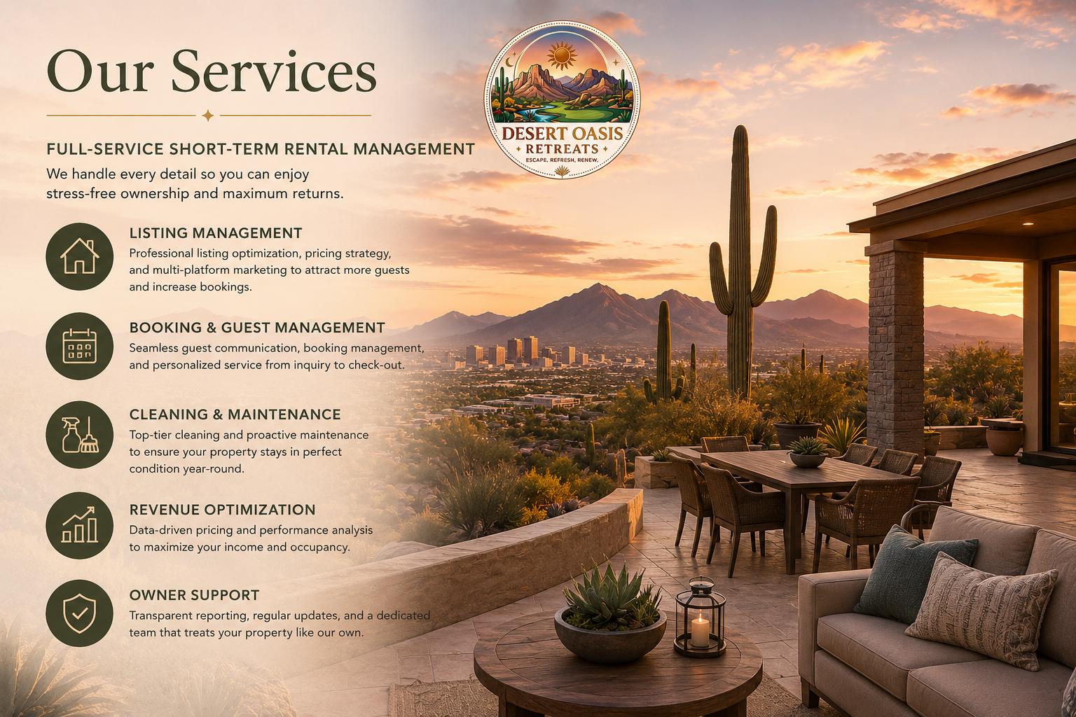 Information about services offered by Desert Oasis Retreats, including listing management, booking and guest management, cleaning and maintenance, revenue optimization, owner support, on a scenic outdoor patio at sunset with desert landscape and mountains in the background.