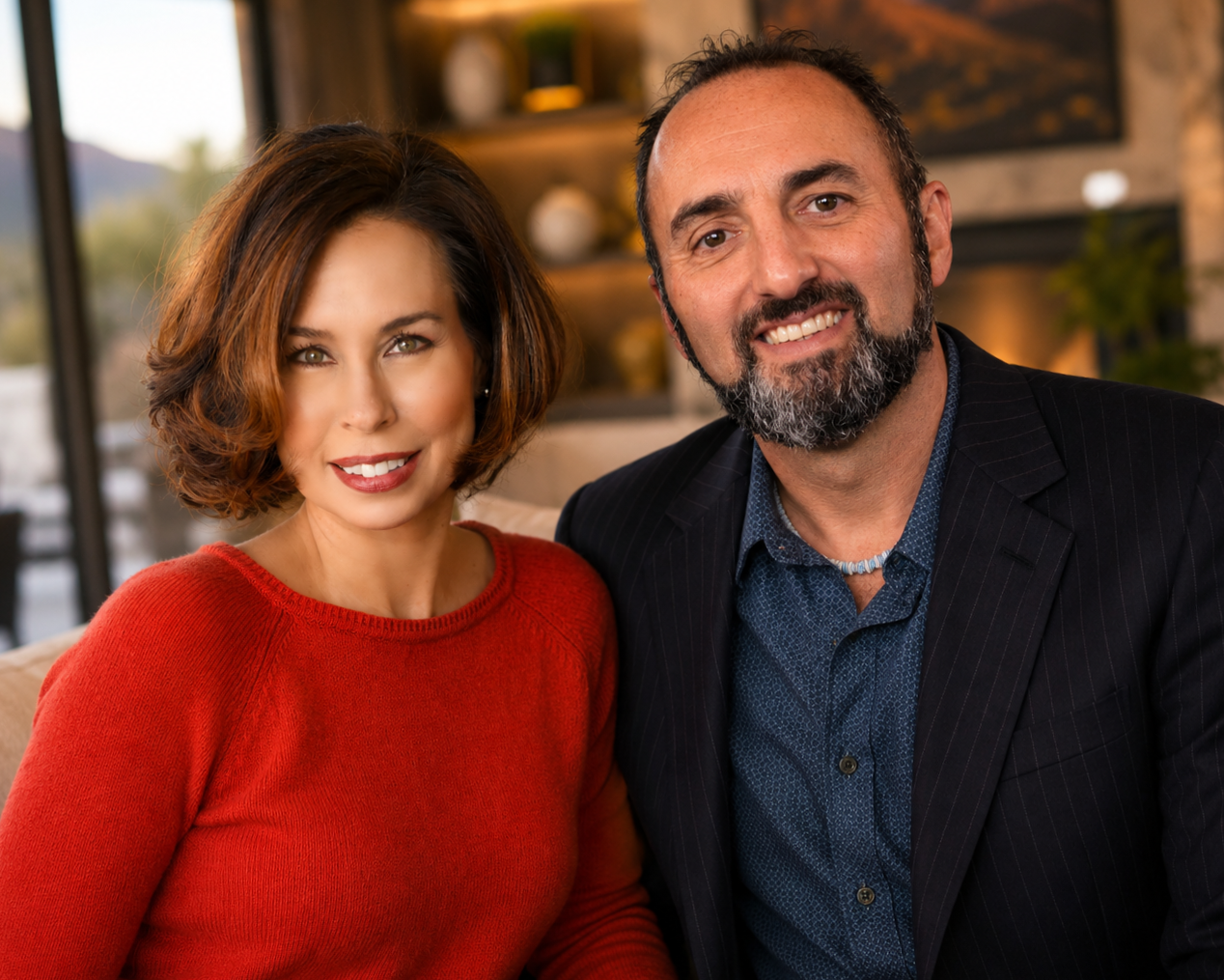 A smiling woman with brown hair wearing a red sweater and a smiling man with a beard wearing a dark blazer and blue shirt sitting together inside a cozy home.