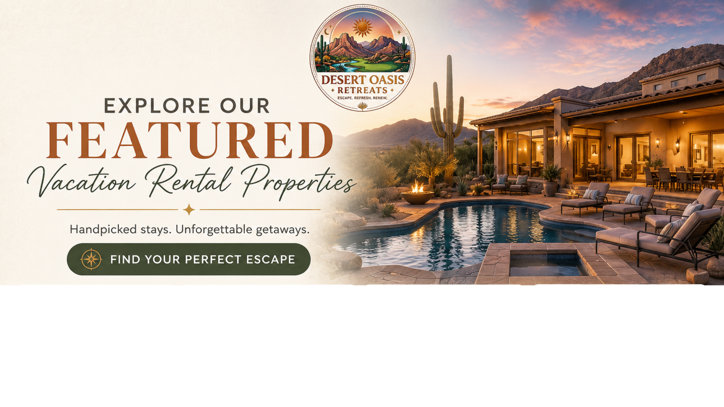 Advertisement for Desert Oasis Retreats showcasing a desert landscape with mountains, cacti, a river, and a luxurious outdoor pool and patio area at sunset.