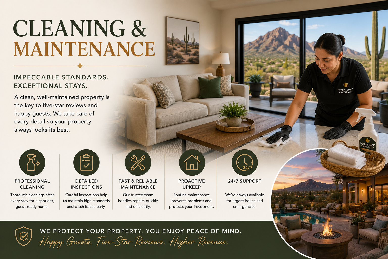 A promotional flyer for a cleaning and maintenance service company features a living room with a woman cleaning the countertop, desert landscape with mountains visible through large windows, and text highlighting service features such as professional cleaning, detailed inspections, fast maintenance, proactive upkeep, and 24/7 support.