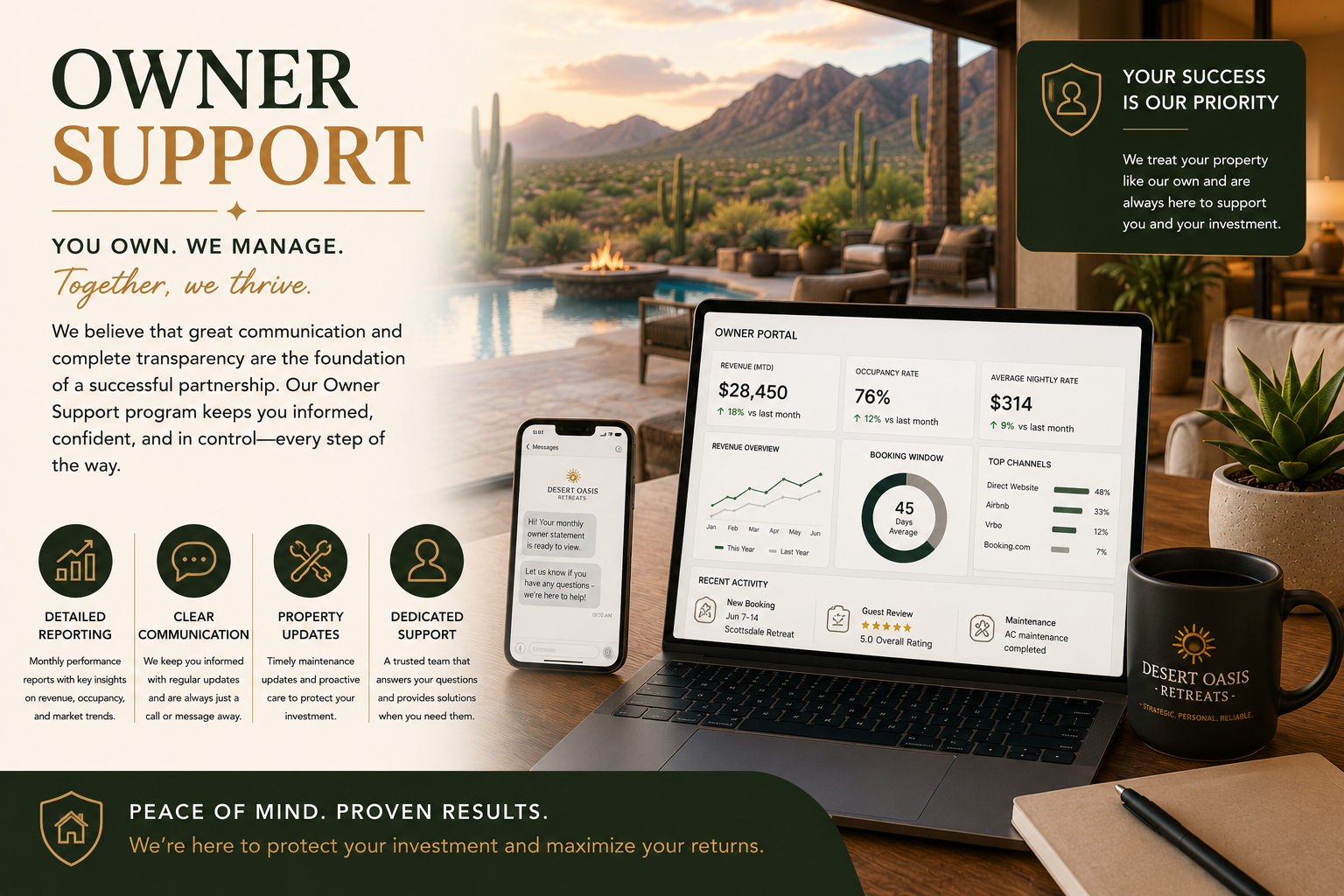A promotional image for Desert Oasis Retreats showing a laptop and a smartphone with owner support content, set on a wooden table outdoors with a pool, desert landscape, and mountains in the background.