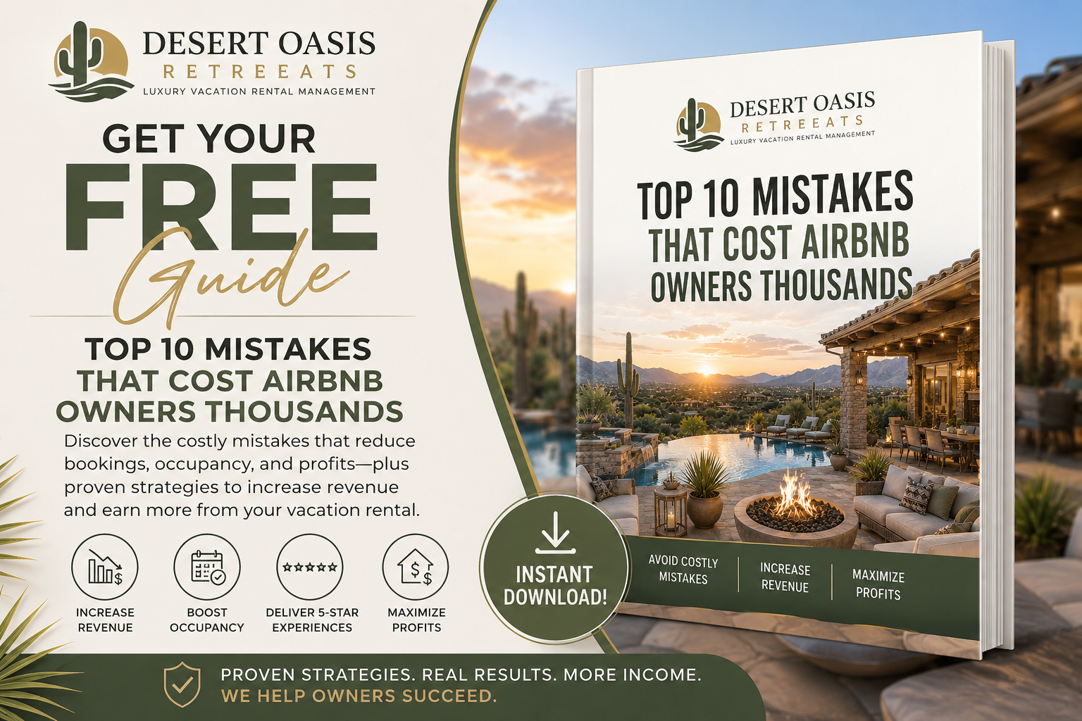 Cover of a guide titled 'Top 10 Mistakes That Cost Airbnb Owners Thousands' from Desert Oasis Retreats featuring a desert landscape with mountains and a sunset, and a patio with a pool, outdoor seating, and a fire pit.