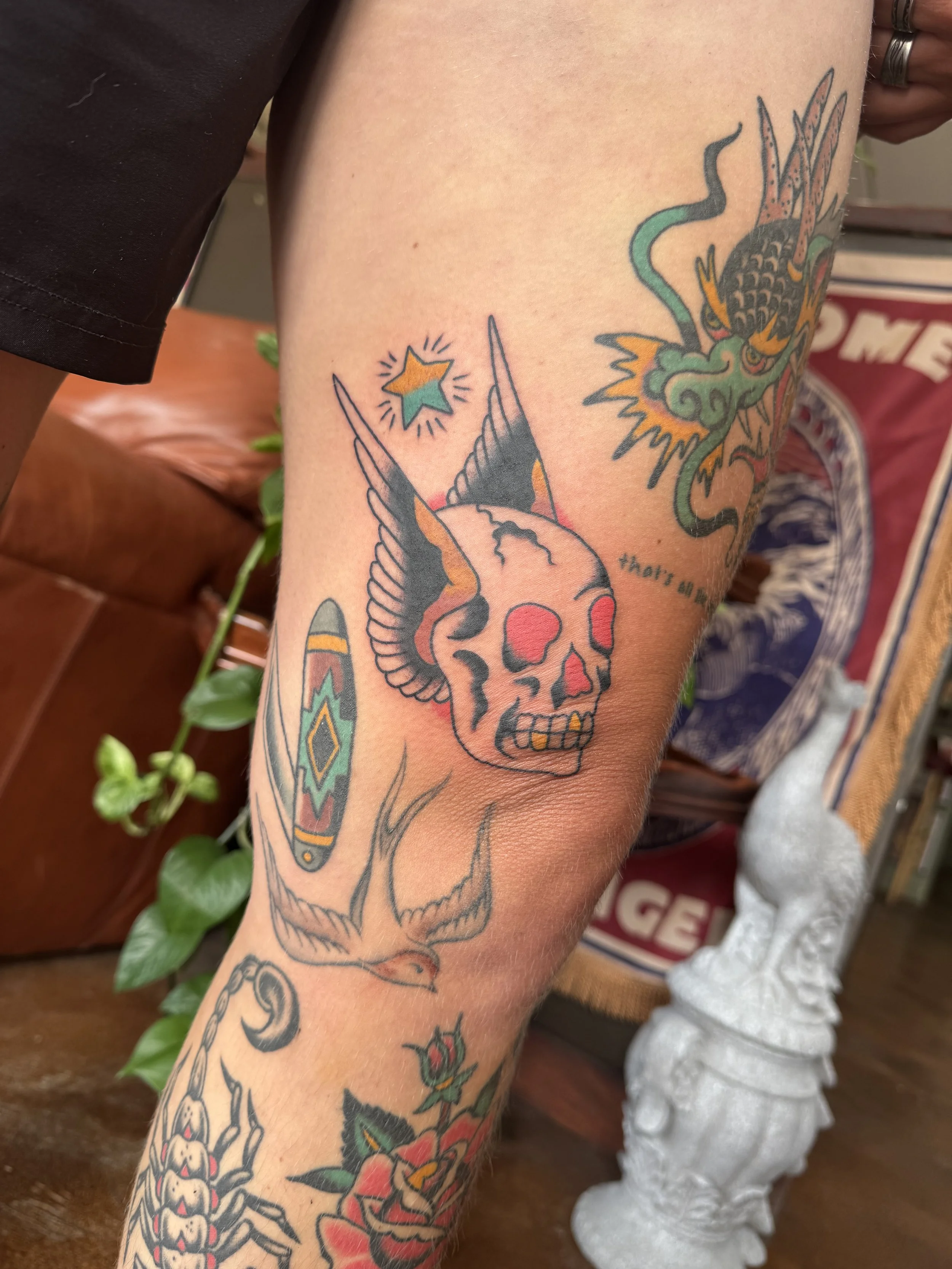 Tattoo of a skull with a snake and a phoenix with a star on their bodies on a person's arm.