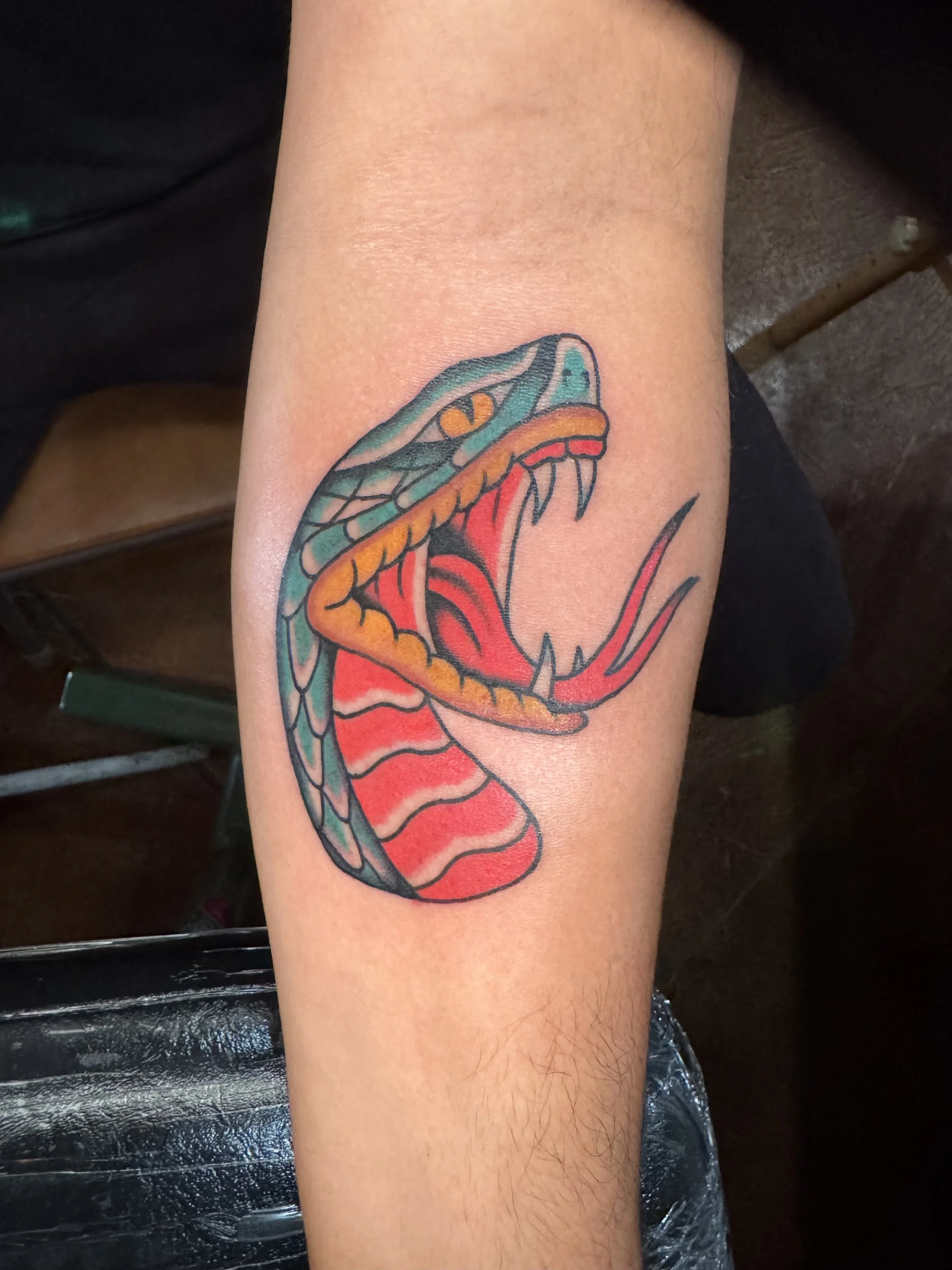 Colorful tattoo of a snake intertwined with a red flower on a person's arm.