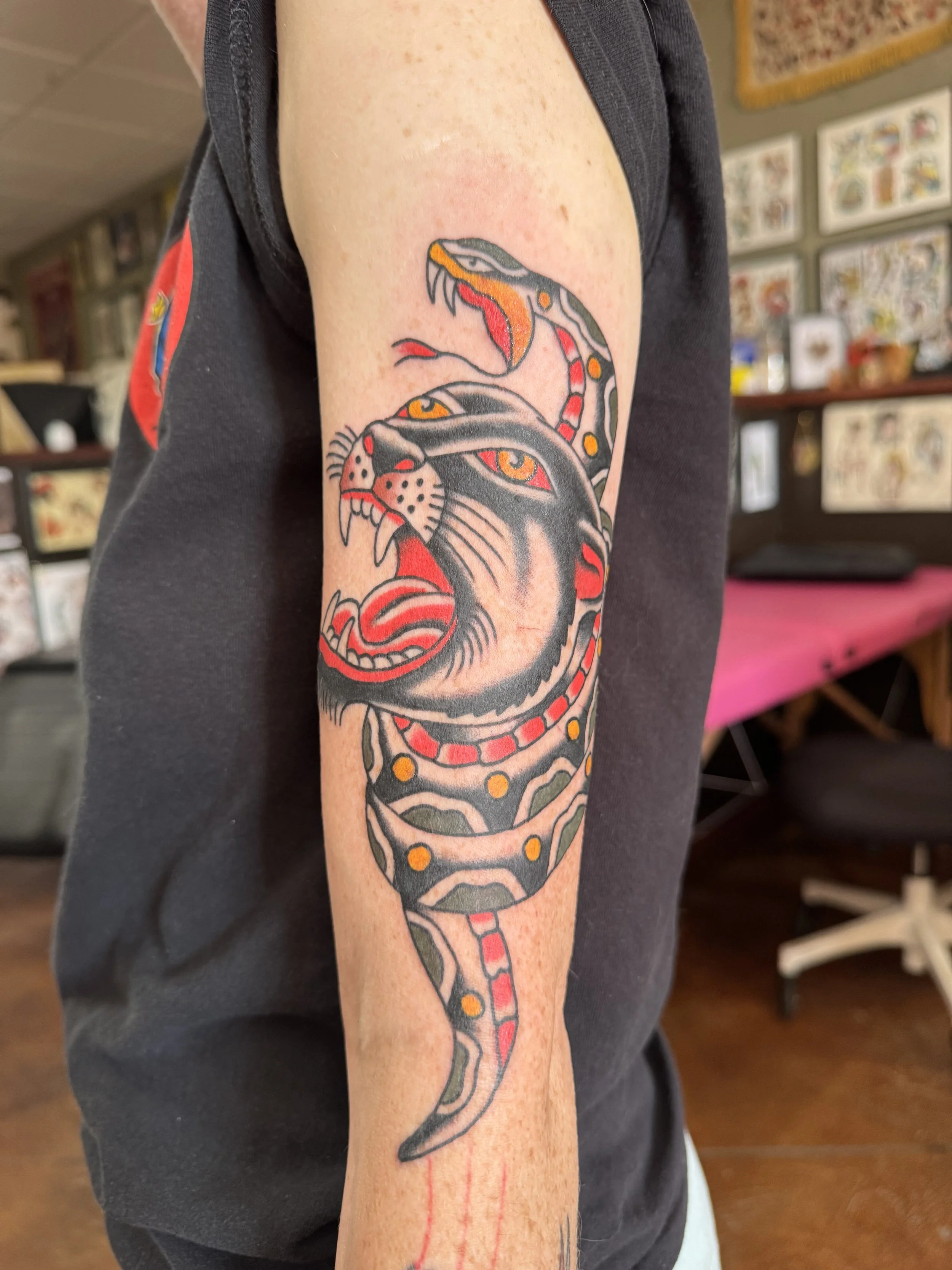 Tattoo of a snake wrapped around a panther's head on a person's upper arm.