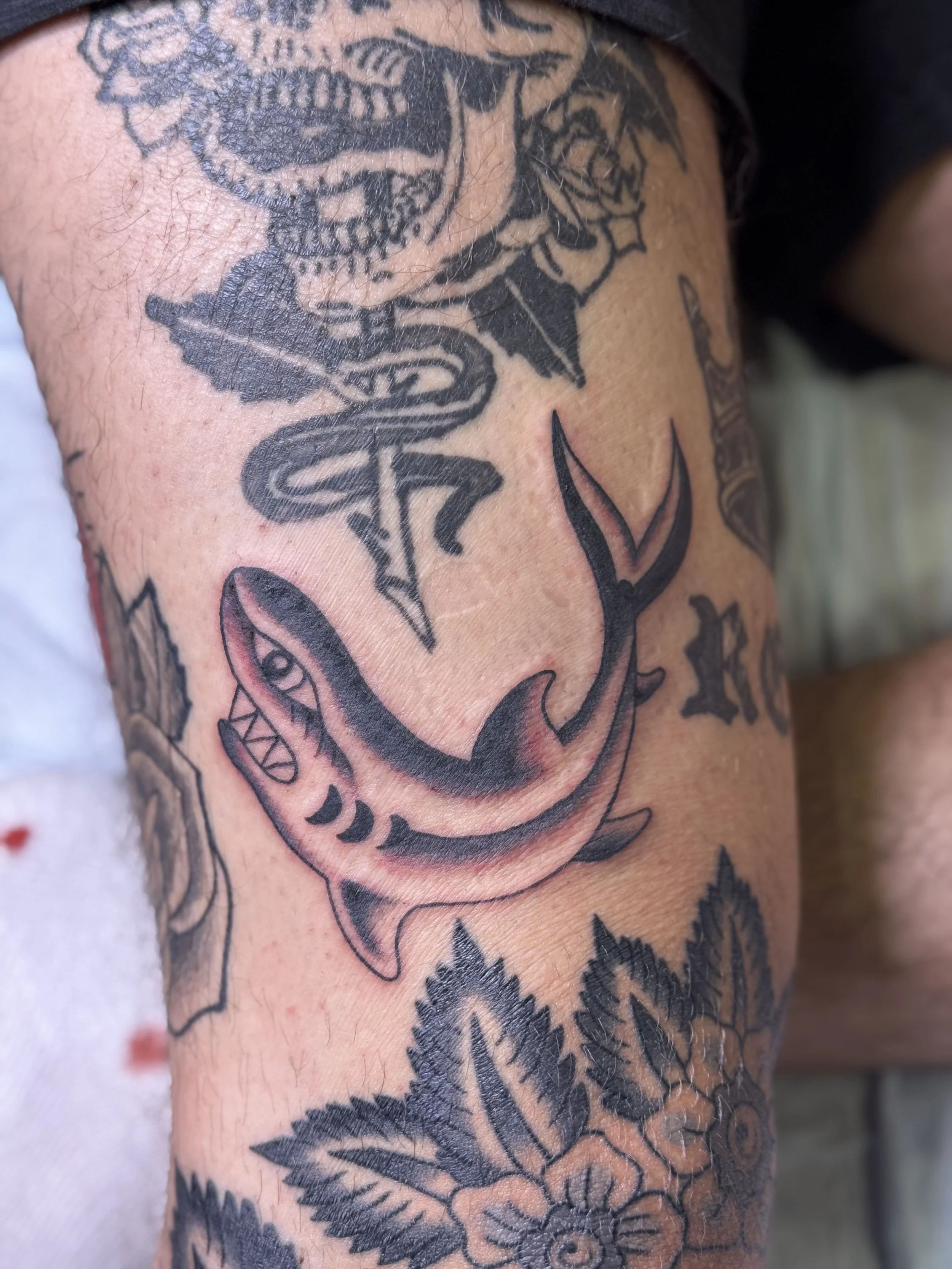 Close-up of a person's arm with multiple black tattoos, including a skull, a rose, a dagger, and other decorative elements.