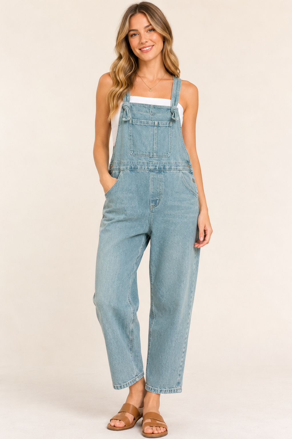 Women's Washed Knot Strap Relaxed Fit Denim Overalls