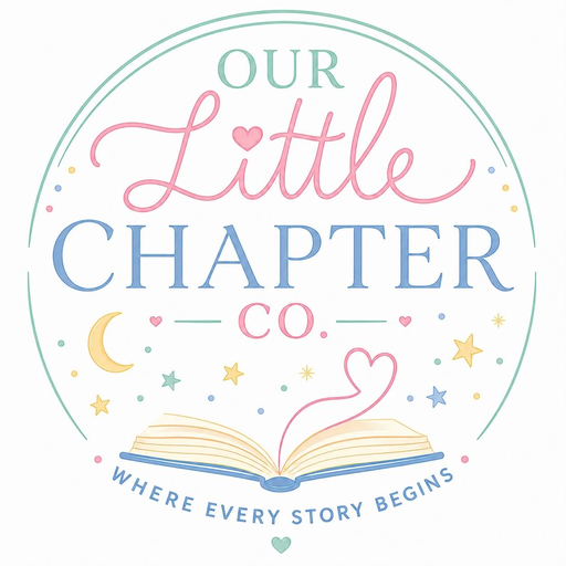 A decorative graphic with the text 'Our Little Chapter Co' and 'Where Every Story Begins,' featuring an open book, hearts, stars, a moon, and colorful dots.