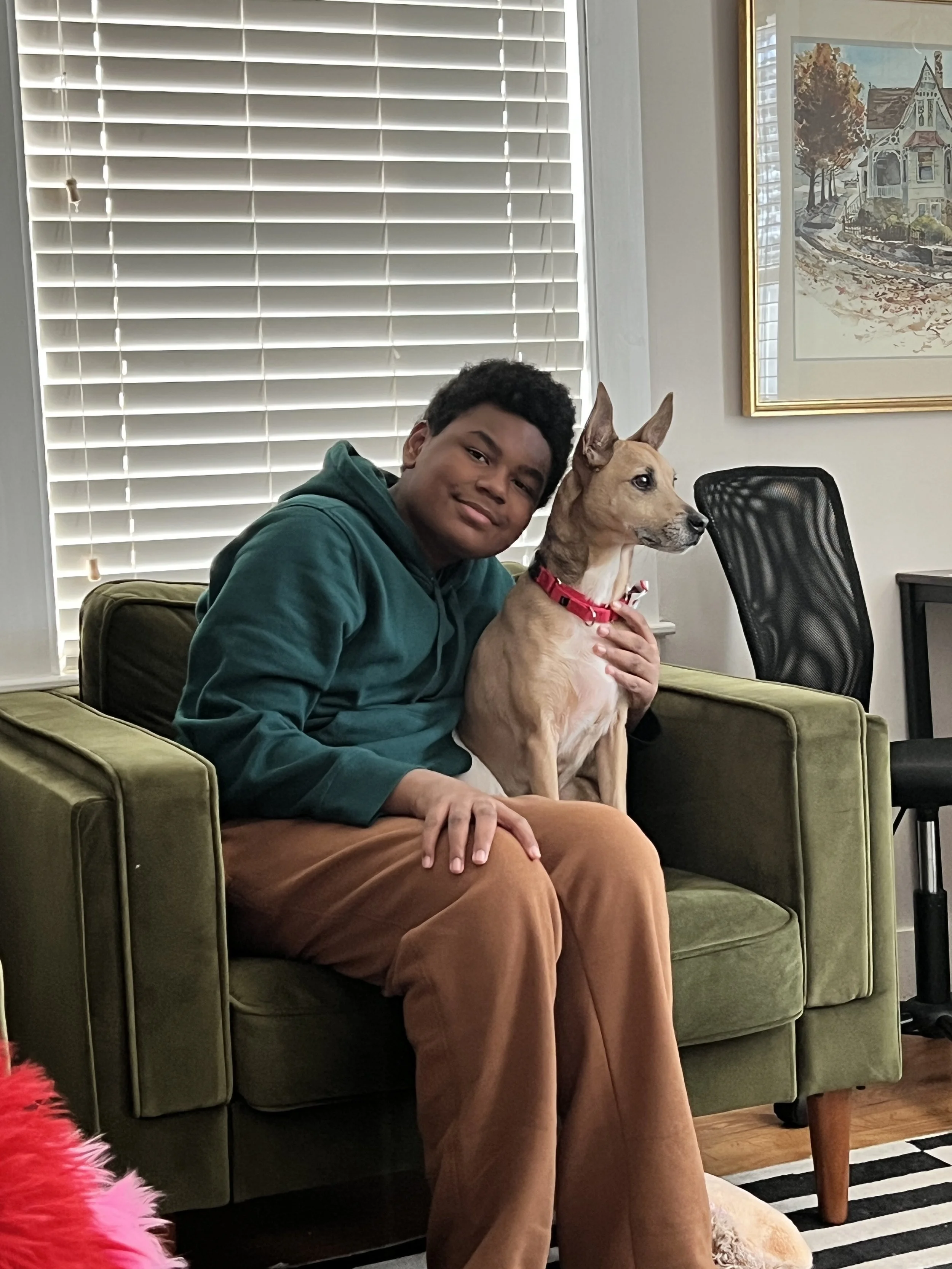 A young man sitting on a green sofa, smiling, holding a tan dog with a red collar, in a room with blinds, a framed painting, and a black office chair.