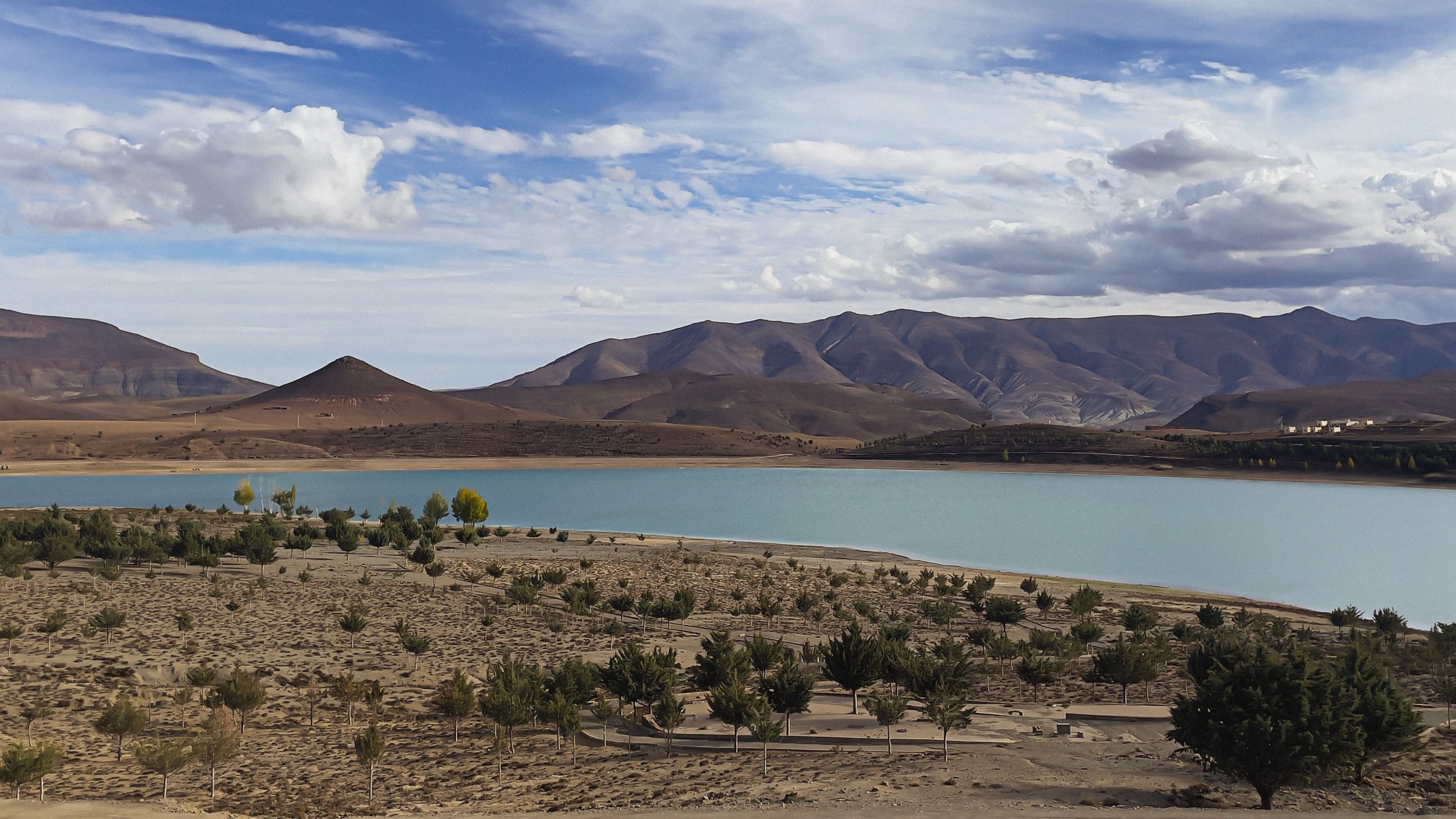 Paysage avec des montagnes, un lac au premier plan, un ciel partiellement nuageux, et des arbres plantés en rangée dans un désert.