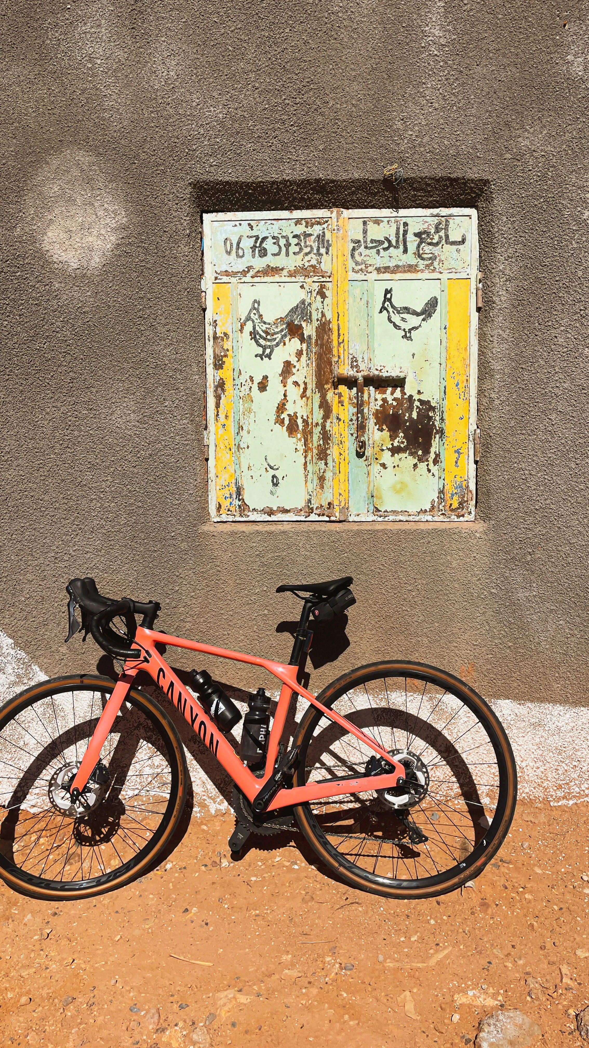 Un vélo rose-pêche devant un mur en terre battue avec une vieille porte en métal, peinture écaillée, et dessins de poulet et de poule. Le vélo est partiellement visible, avec le guidon et la roue avant en premier plan.
