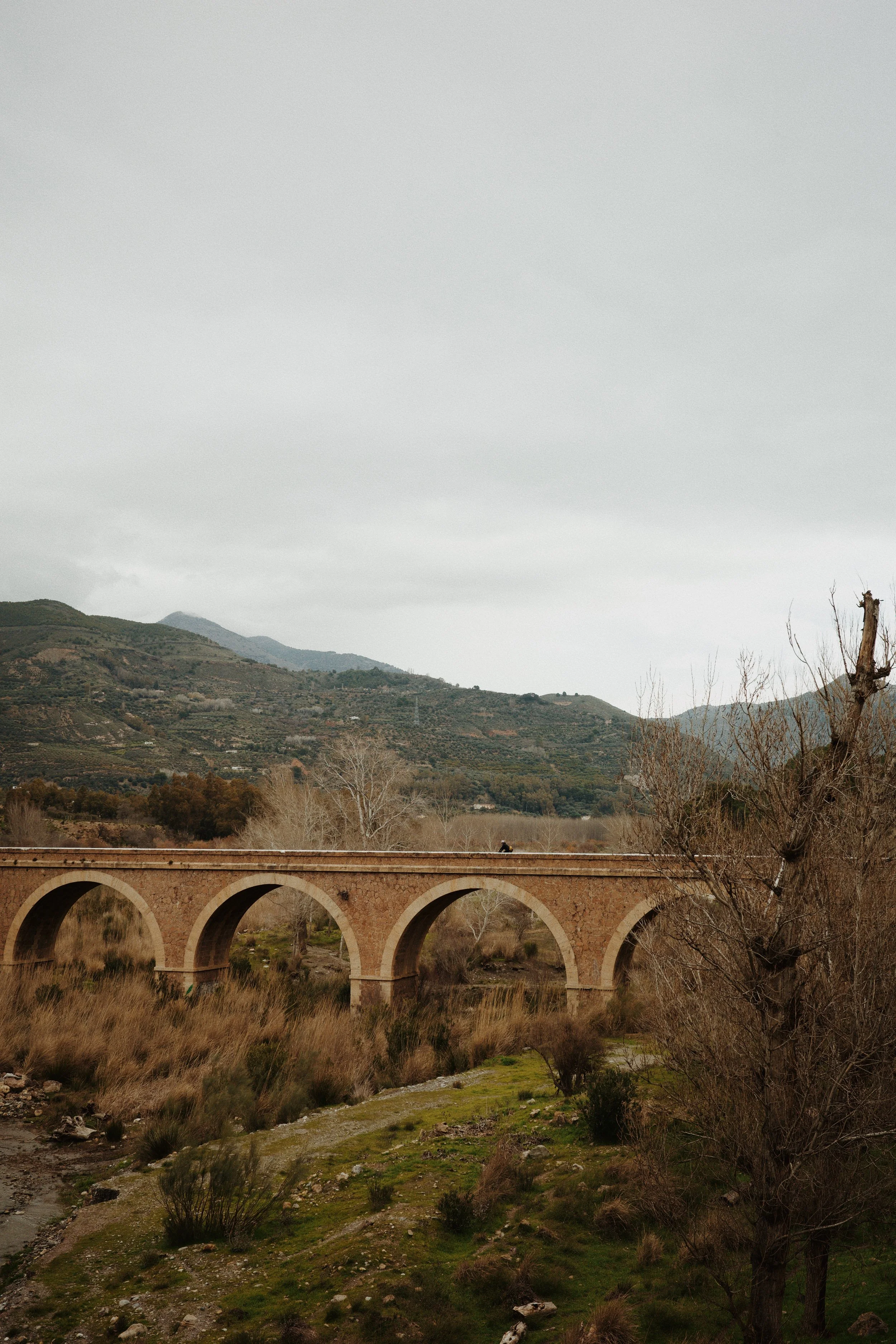 Pont en pierre avec arches sous un ciel nuageux, montagnes en arrière-plan, arbres dénudés et végétation sèche au premier plan.