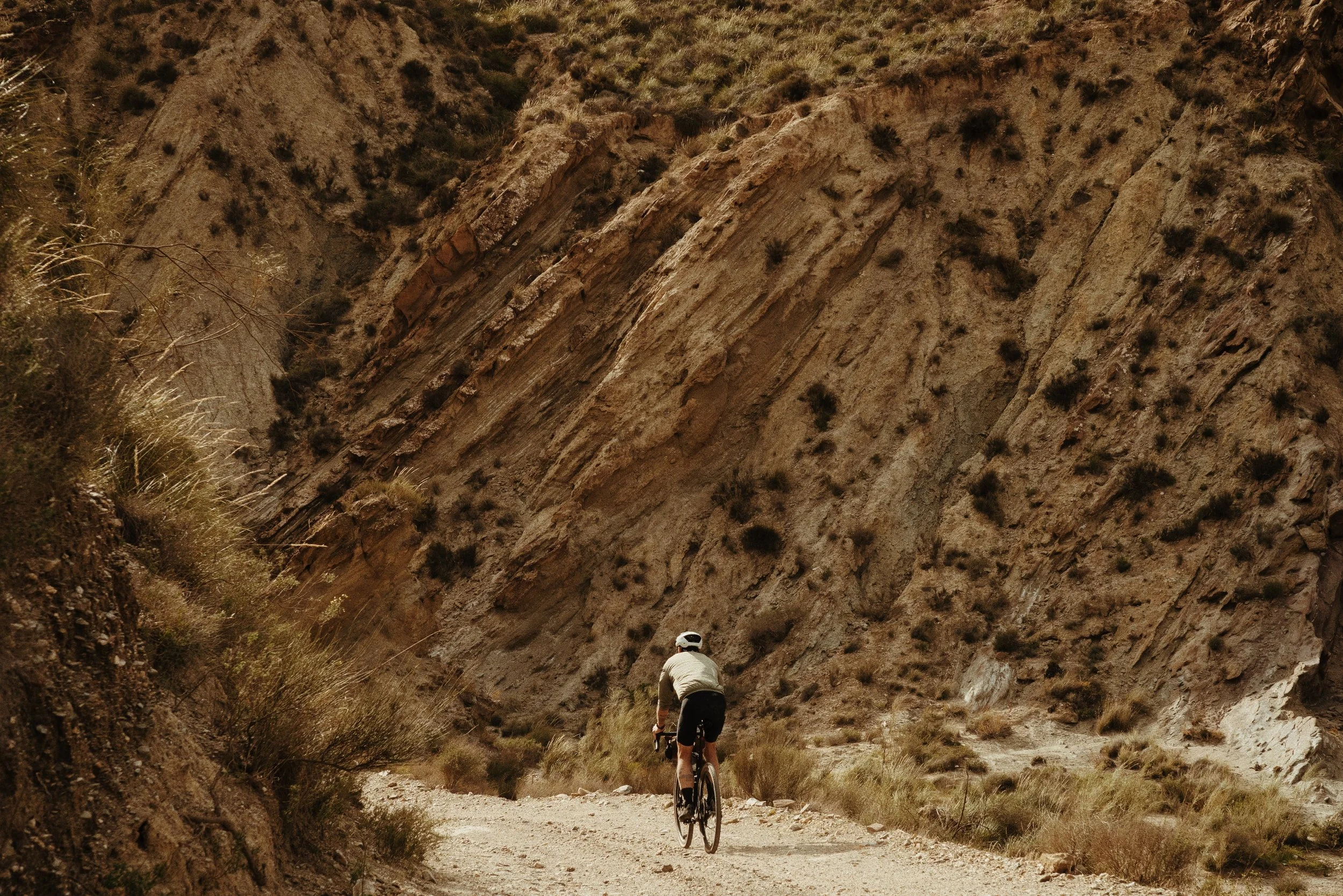 Deux personnes font du vélo dans un canyon rocheux aride.