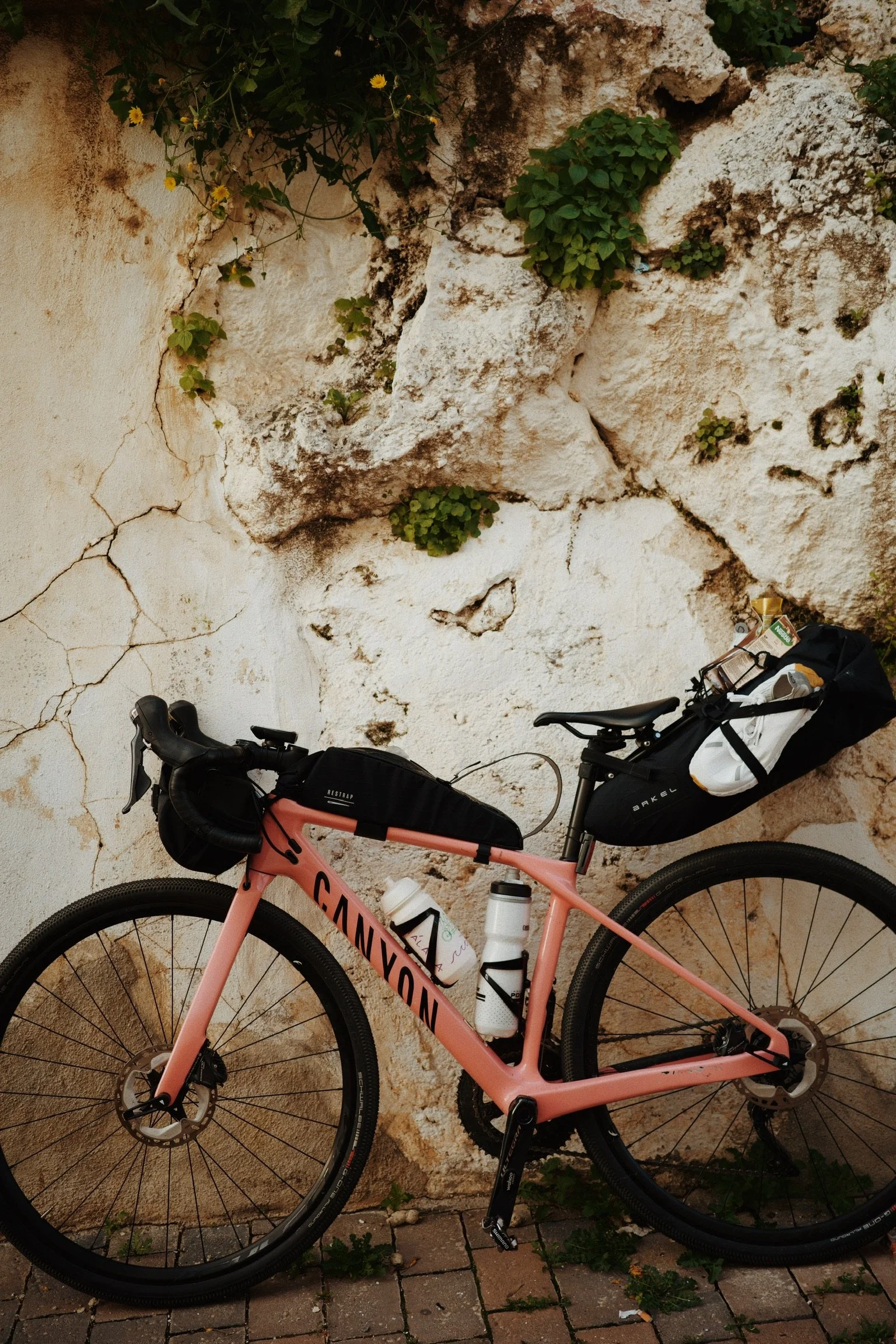 Vélo de montagne rose avec sacoches noir et blanc, posé contre un mur en pierre blanche avec des plantes vertes