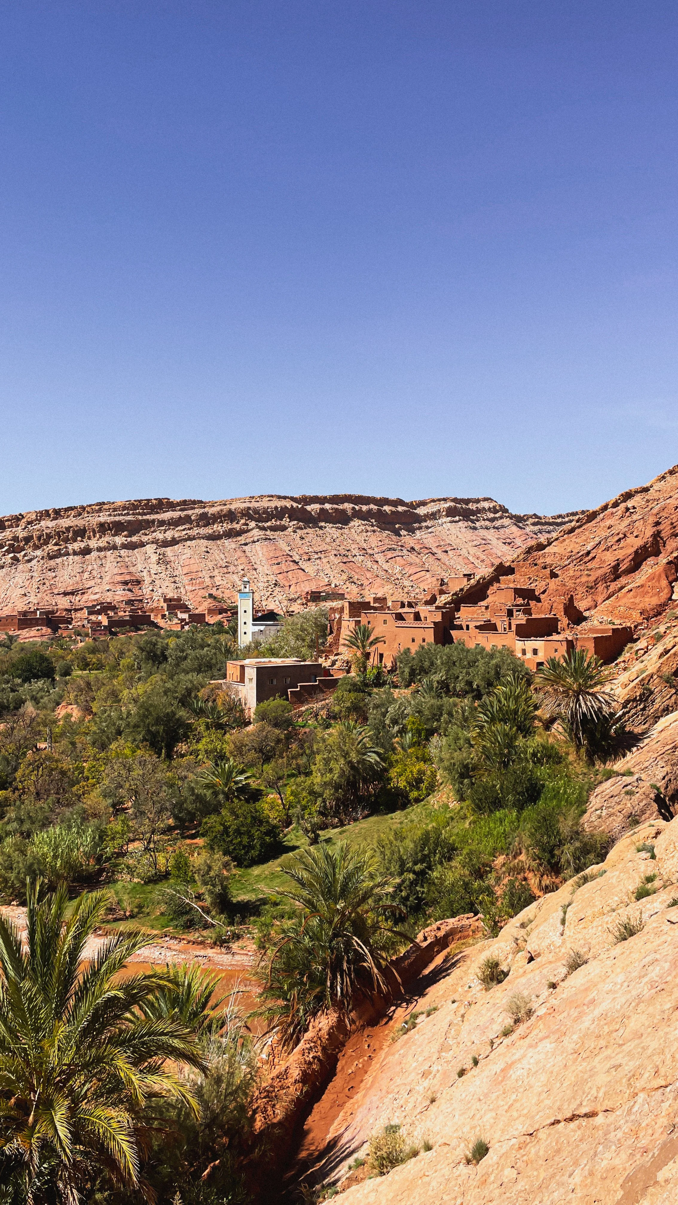 village berbère traditionnel avec un minaret dans un canyon rocheux et verdoyant