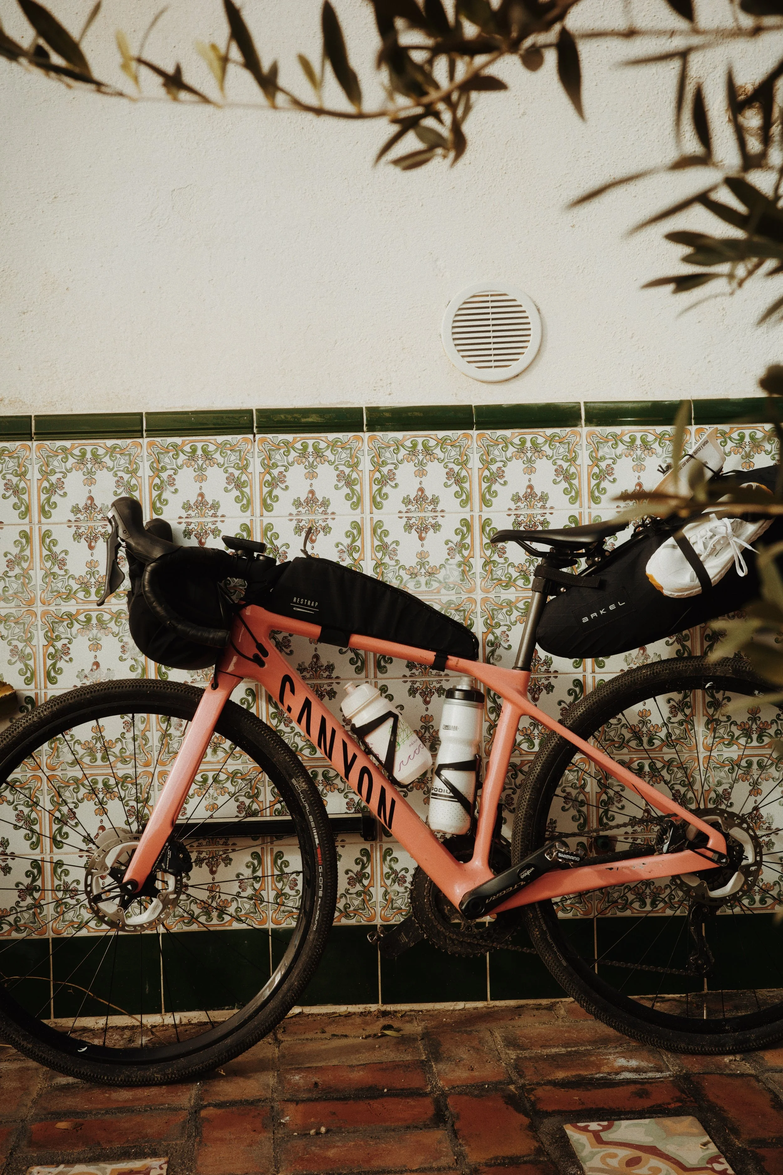 Vélo de montagne rose appuyé contre un mur avec des carreaux décoratifs, des branches d'arbres en haut et un sol en briques. L'image montre aussi une bouteille d'eau sur le cadre du vélo.