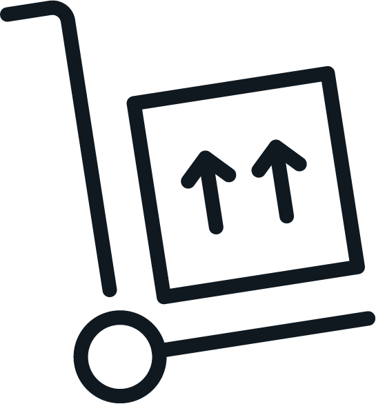 Icon of a hand truck or dolly carrying a box with upward arrows, indicating loading or moving.