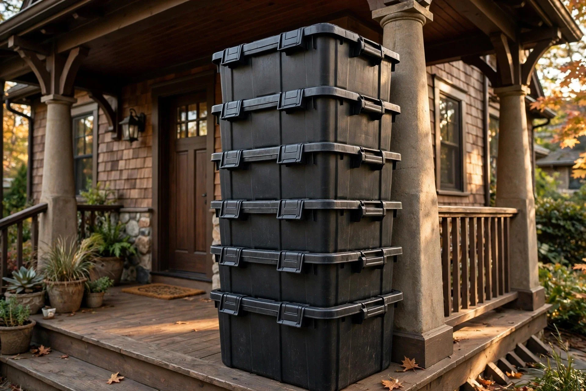 Stack of reusable moving bins delivered to a home porch