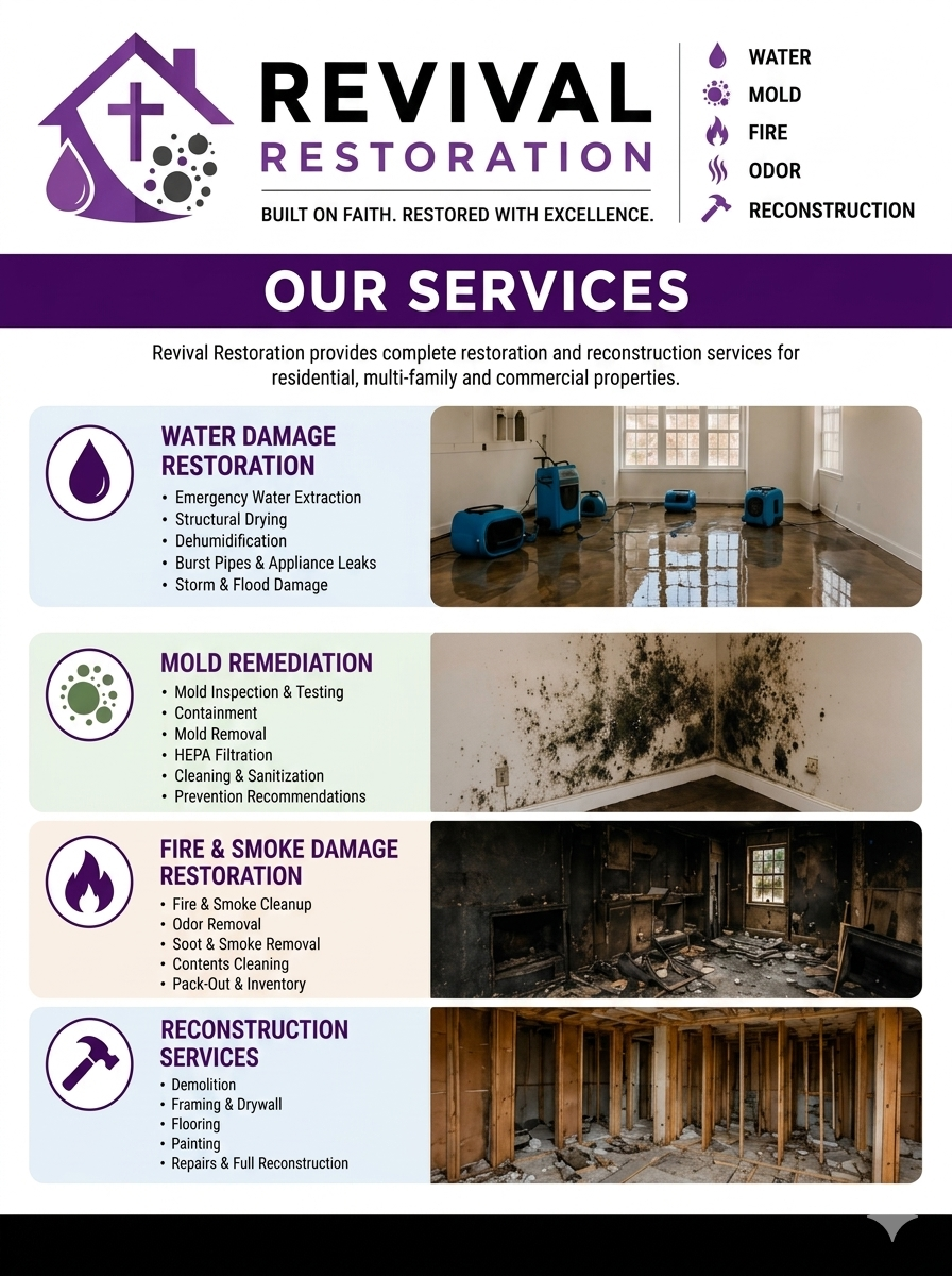 Revival Restoration services flyer with icons and photos depicting water damage cleanup, mold remediation, fire and smoke damage restoration, and construction services for property restoration.