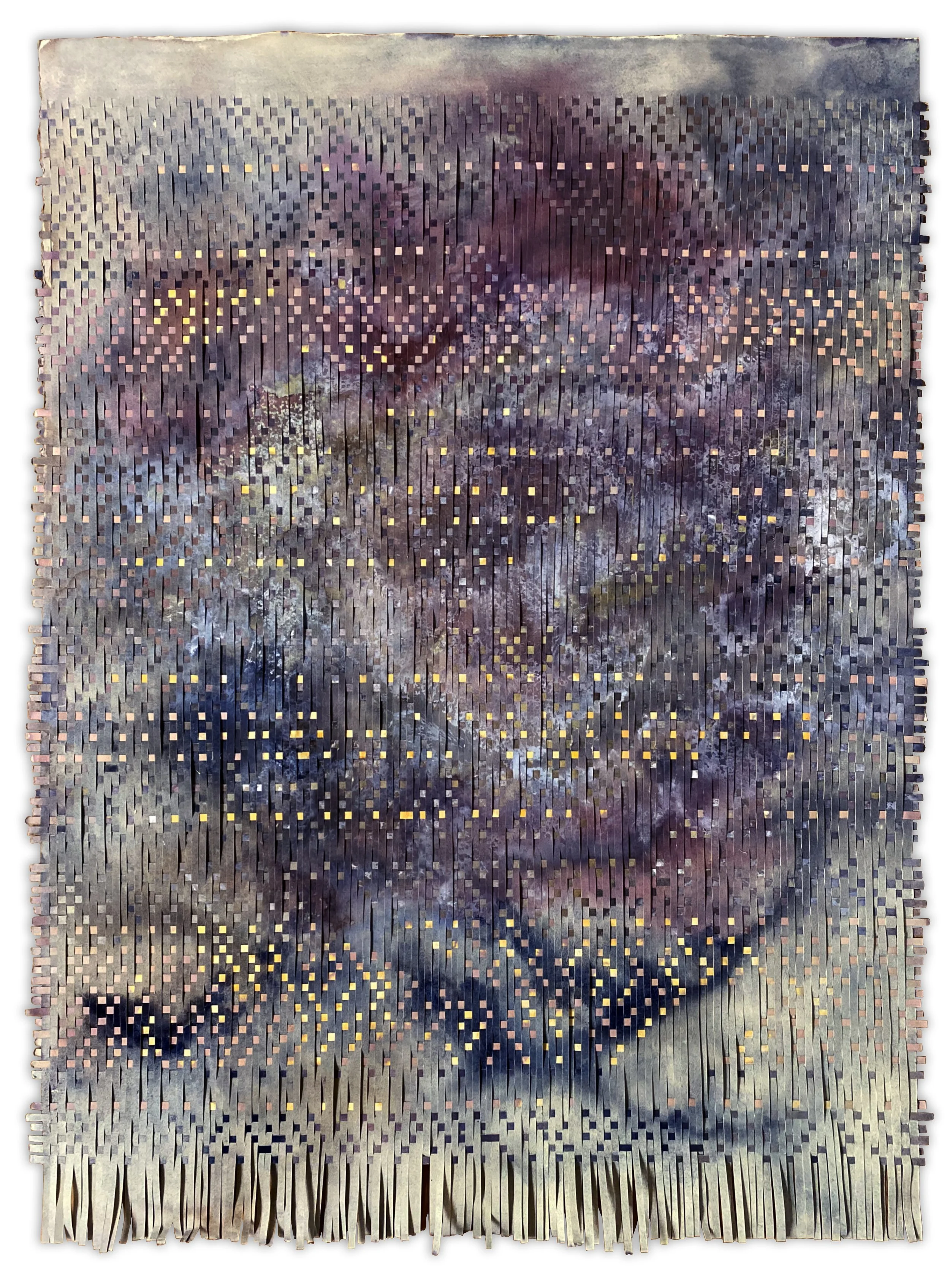 Sun Gaze 02, woven painting, cotton paper, natural inks from indigo, beet, onion skins and safflower, 31''x 42'', 2021