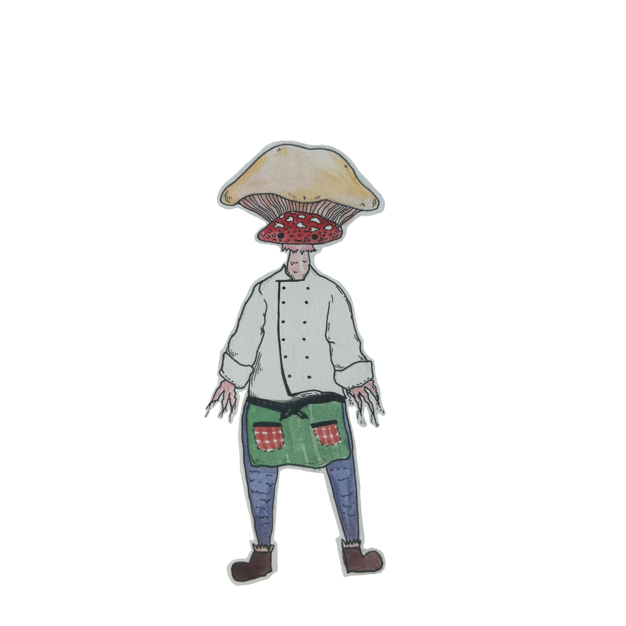 Watercolor illustration of a person with a mushroom for a head, dressed as a chef, wearing green pants with red plaid patches, a white chef's coat, and brown boots.