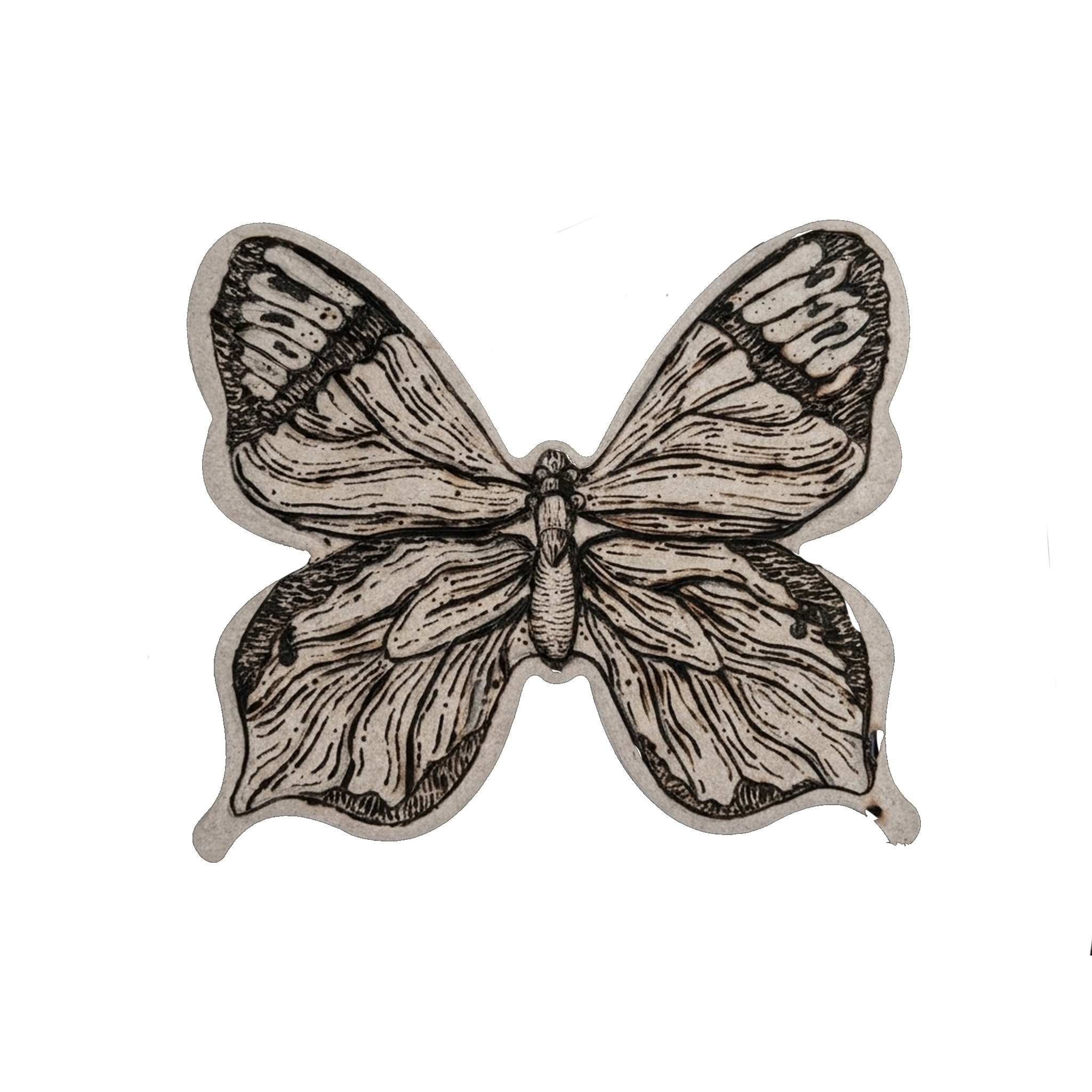 A black and white illustration of a butterfly's wings with detailed patterns. Two butterfly wings are depicted, showing the intricate design of their scales and structure.