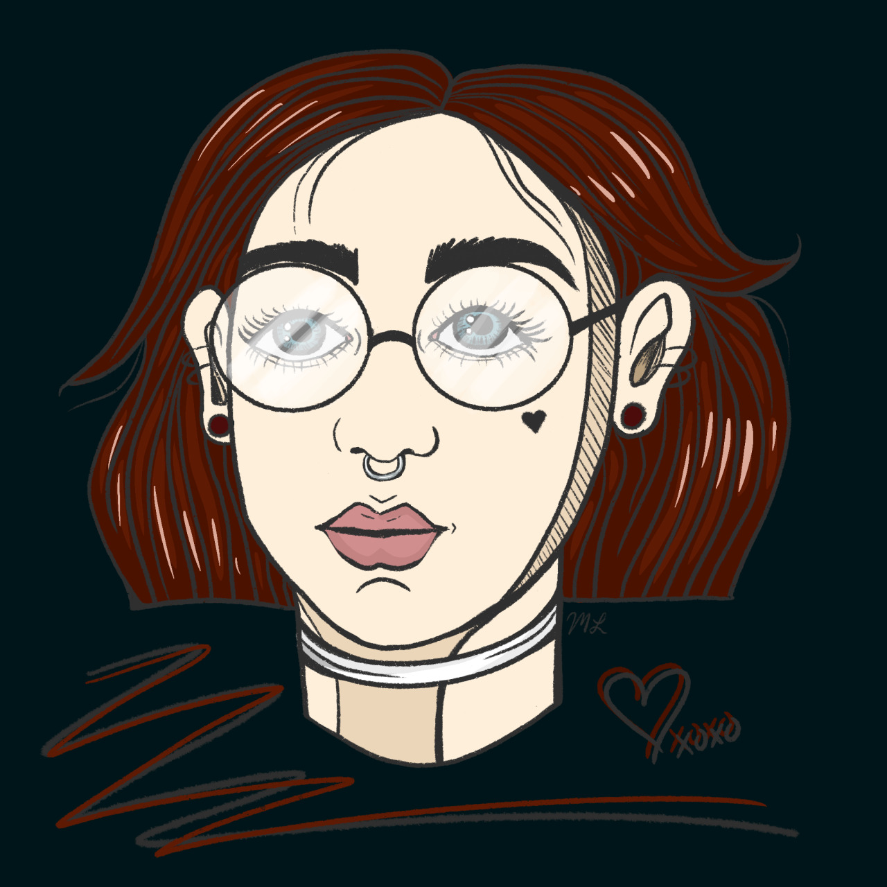 Digital drawing of a woman with red hair, round glasses reflecting eyes, septum piercing, black earrings, a small heart tattoo near her cheek, and a choker necklace, set against a dark background.