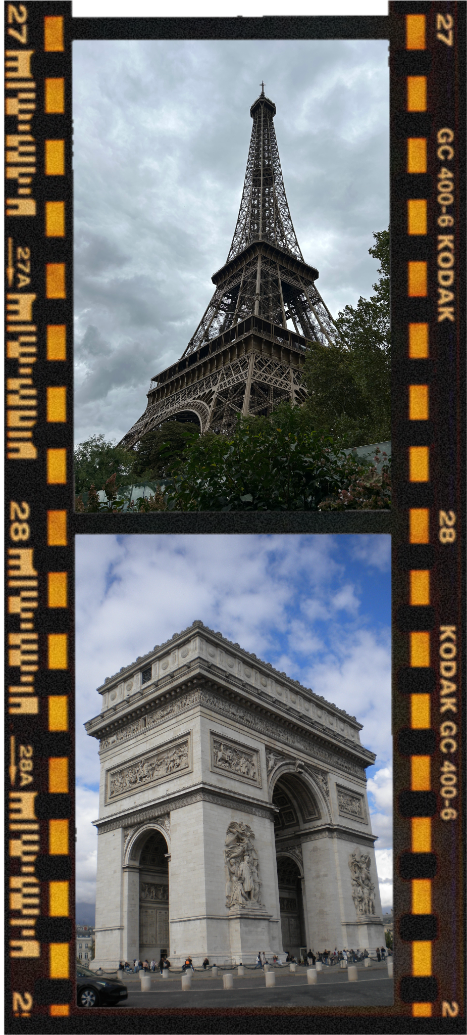 The image shows a photo of the Eiffel Tower in Paris on the top part and the Arc de Triomphe on the bottom part, framed by a filmstrip border.