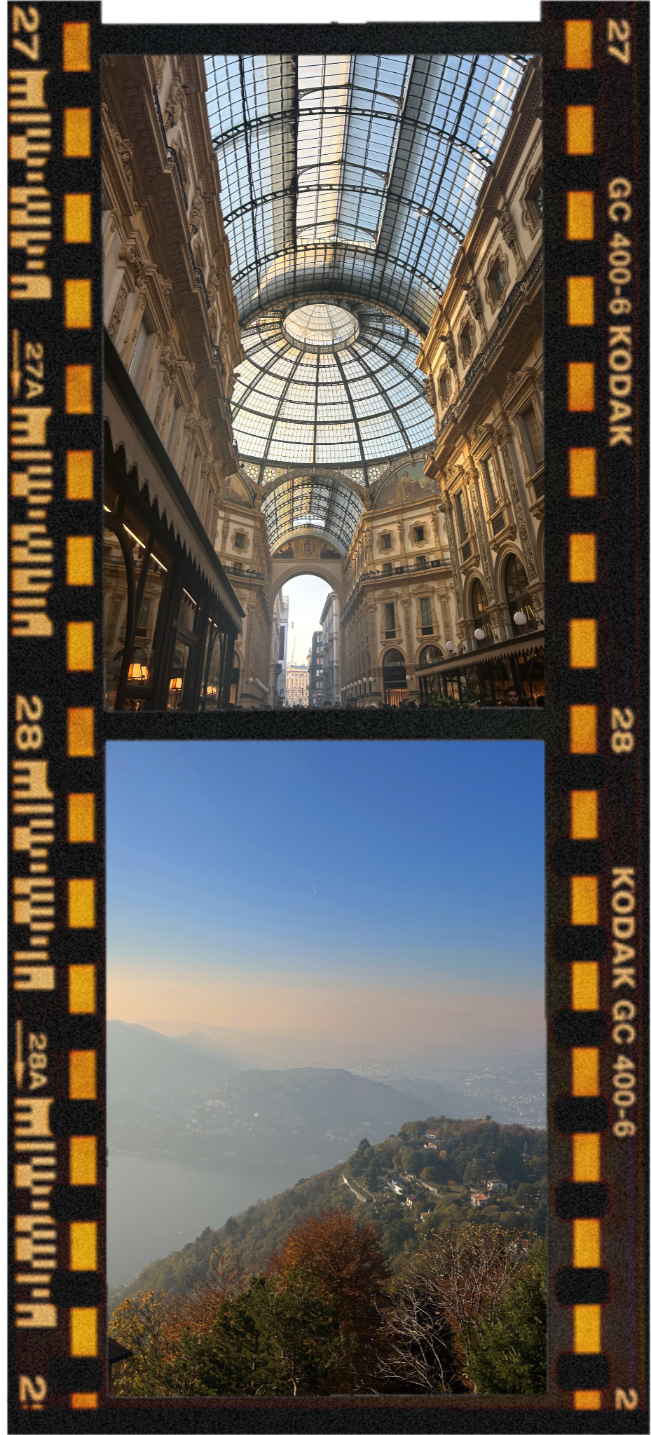 A photograph of an elegant indoor shopping gallery with ornate architecture and a glass dome ceiling, and an outdoor scenic view of mountains and trees at sunset viewed through a film strip border.