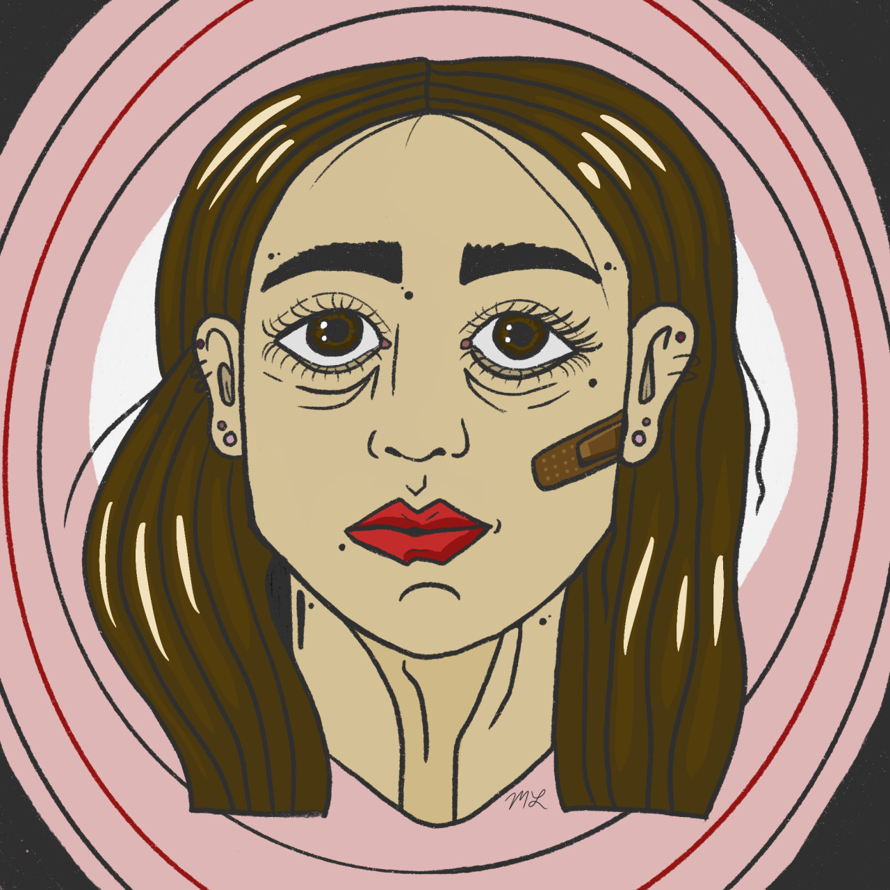 A digital illustration of a woman with long brown hair, large expressive brown eyes, red lipstick, multiple earrings, and a bandage on her cheek. The background features concentric pink and red circles.