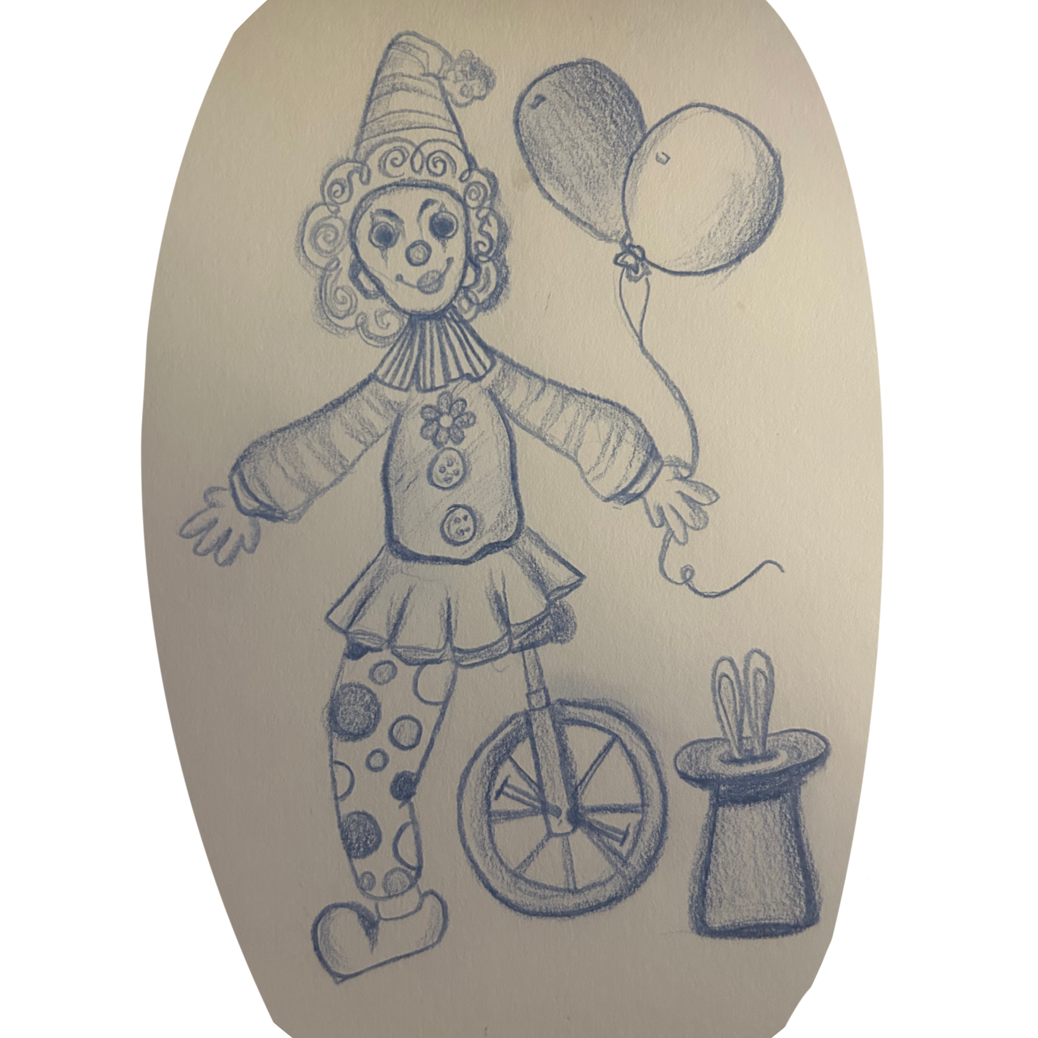 A pencil sketch of a clown girl holding two balloons, one round and the other heart-shaped, with curly hair, a pointed hat, and a clown outfit.