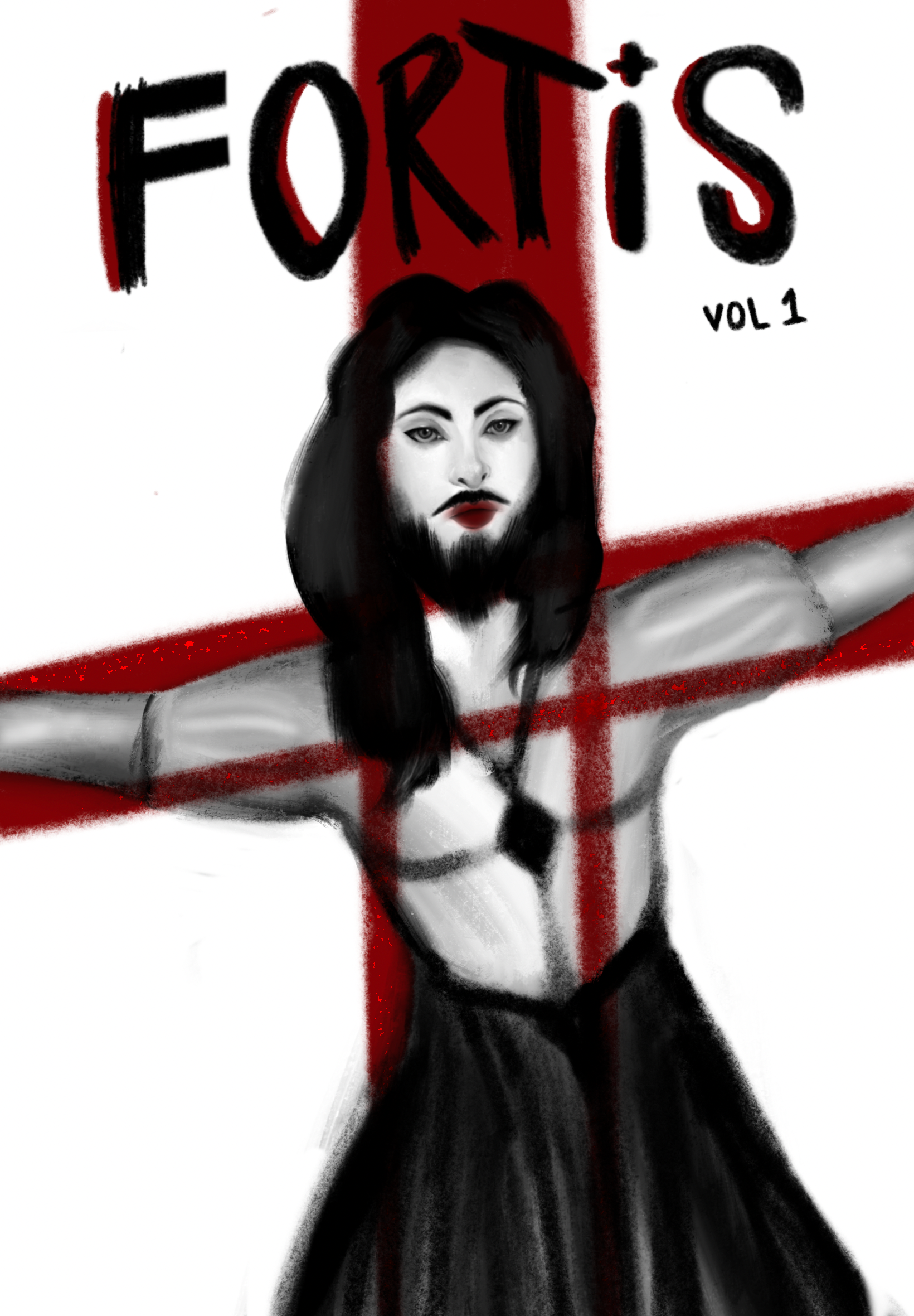 A black and white digital drawing of a person with long dark hair, a beard, and a serious expression, with arms outstretched. The background features a red cross and the words "FORTIS" and "VOL 1" written above and to the right.