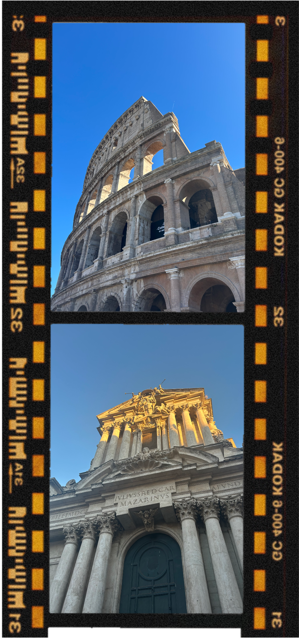 Photograph of the Colosseum in Rome with a bright blue sky in the background, and a baroque building with columns and sculptures in front of the Colosseum.