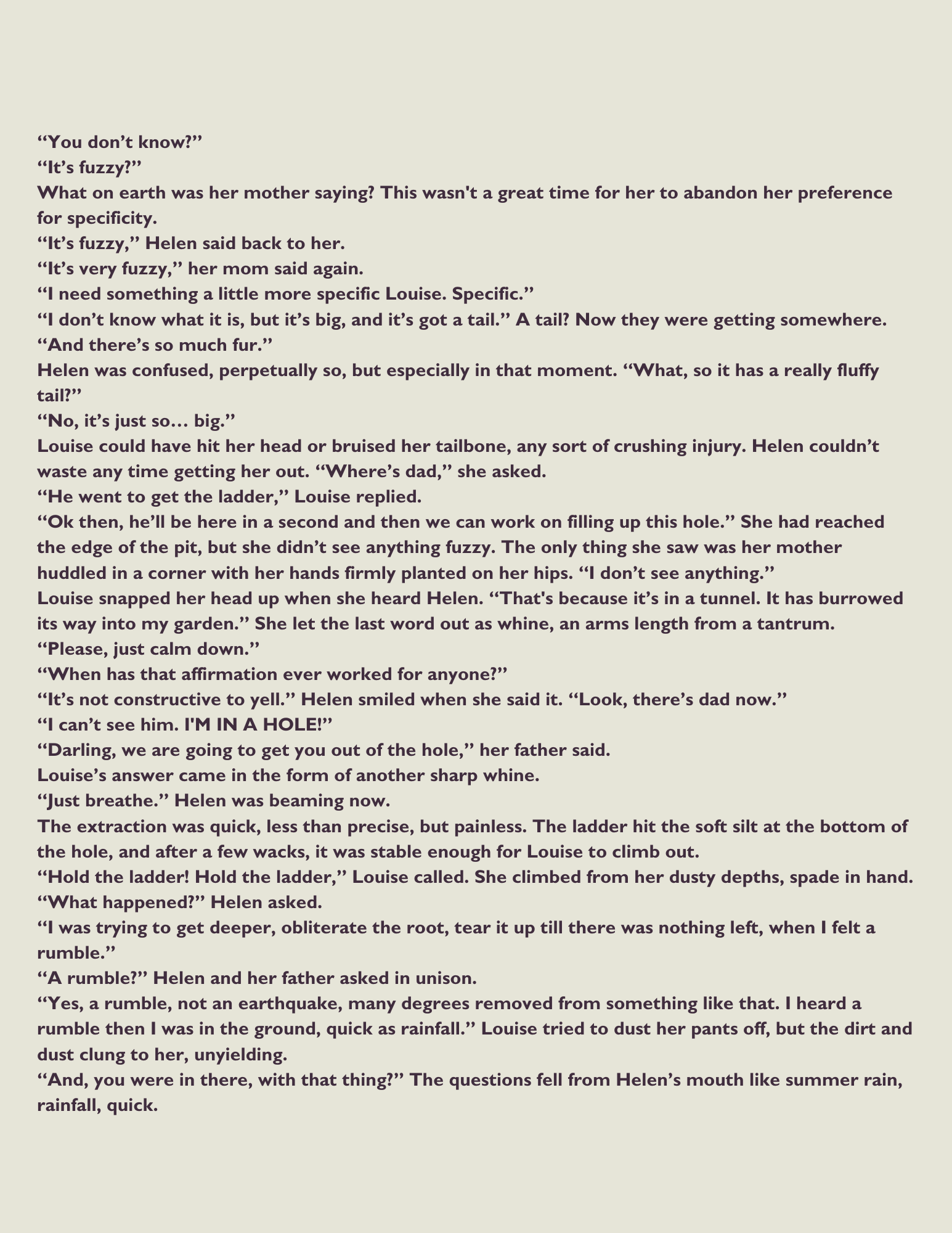 A page of text from a book or story, with dialogue between characters discussing a mysterious tunnel, a tail, and a rumble, involving a ladder and an escape from a hole.