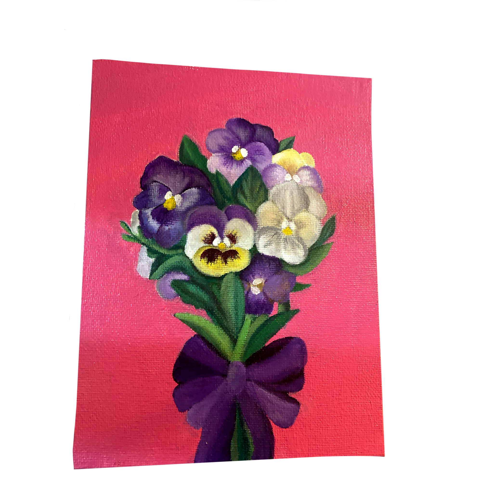 Handmade greeting card with painted purple and white pansies on a pink background.