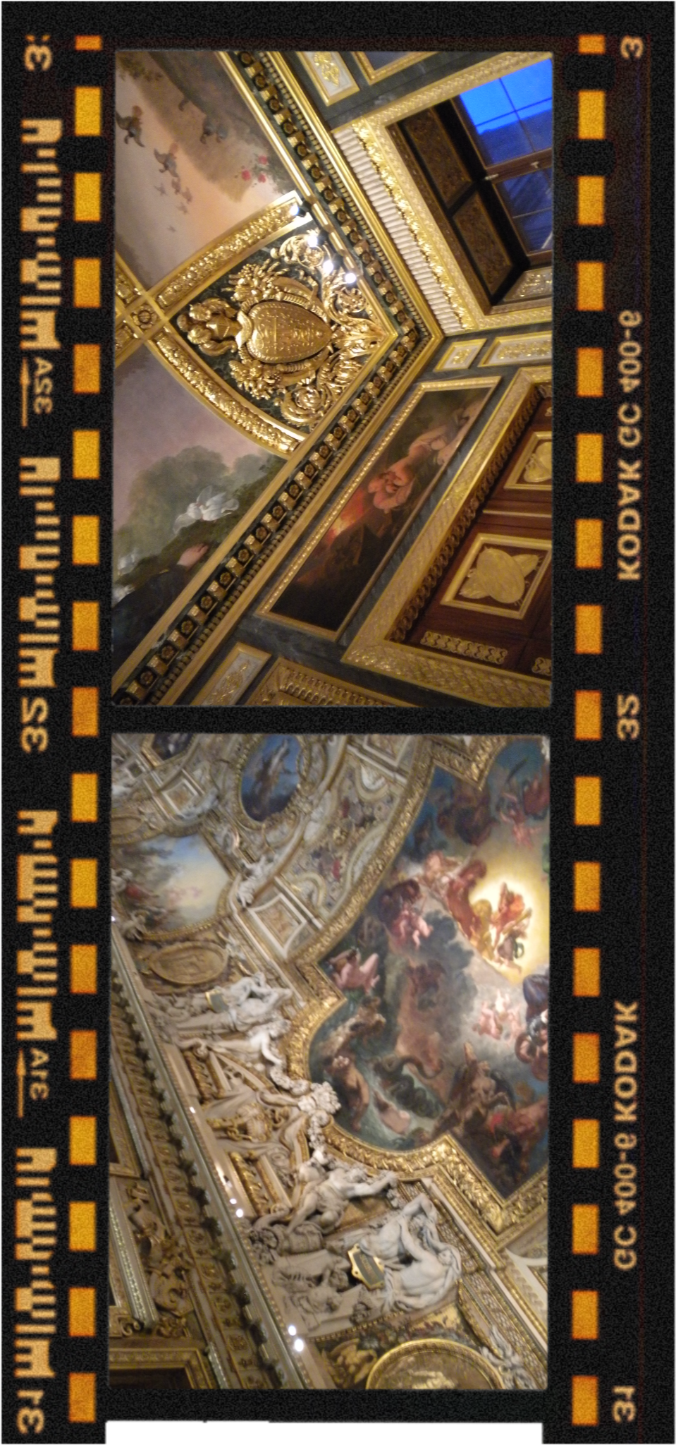 Interior view of an opulent room with ornate gold detailing, large painted ceiling murals, and elaborate sculptures.