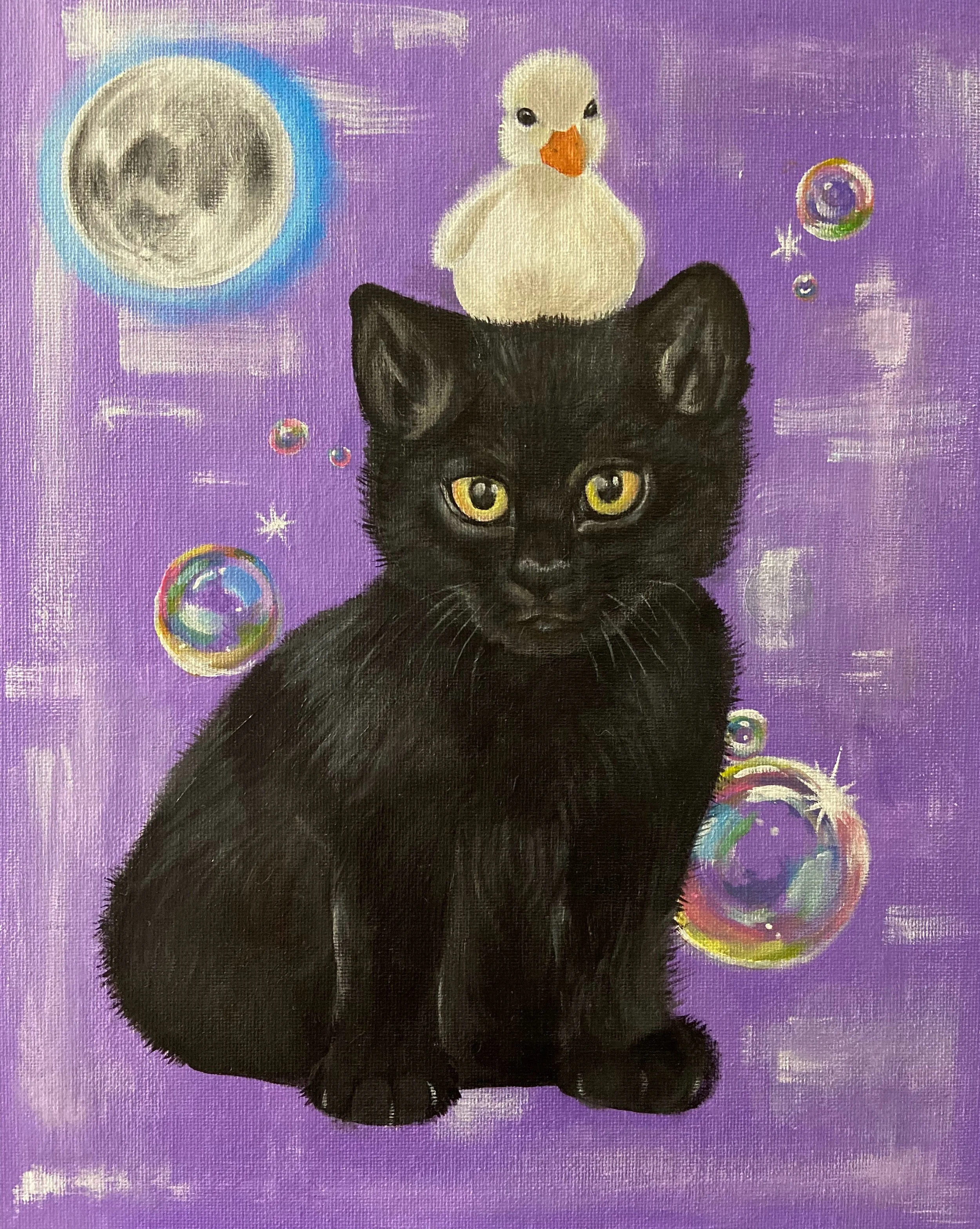 Painting of a black cat with yellow eyes, a white duck with an orange beak on its head, a full moon, bubbles, and star-shaped sparkles on a purple background.