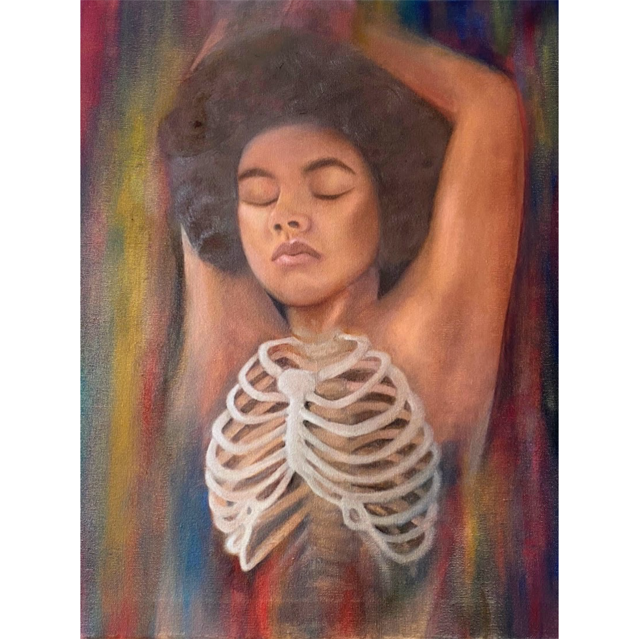 A young woman with dark hair and closed eyes, holding a skeletal model of a human ribcage and sternum in front of her chest, with a colorful rainbow background.