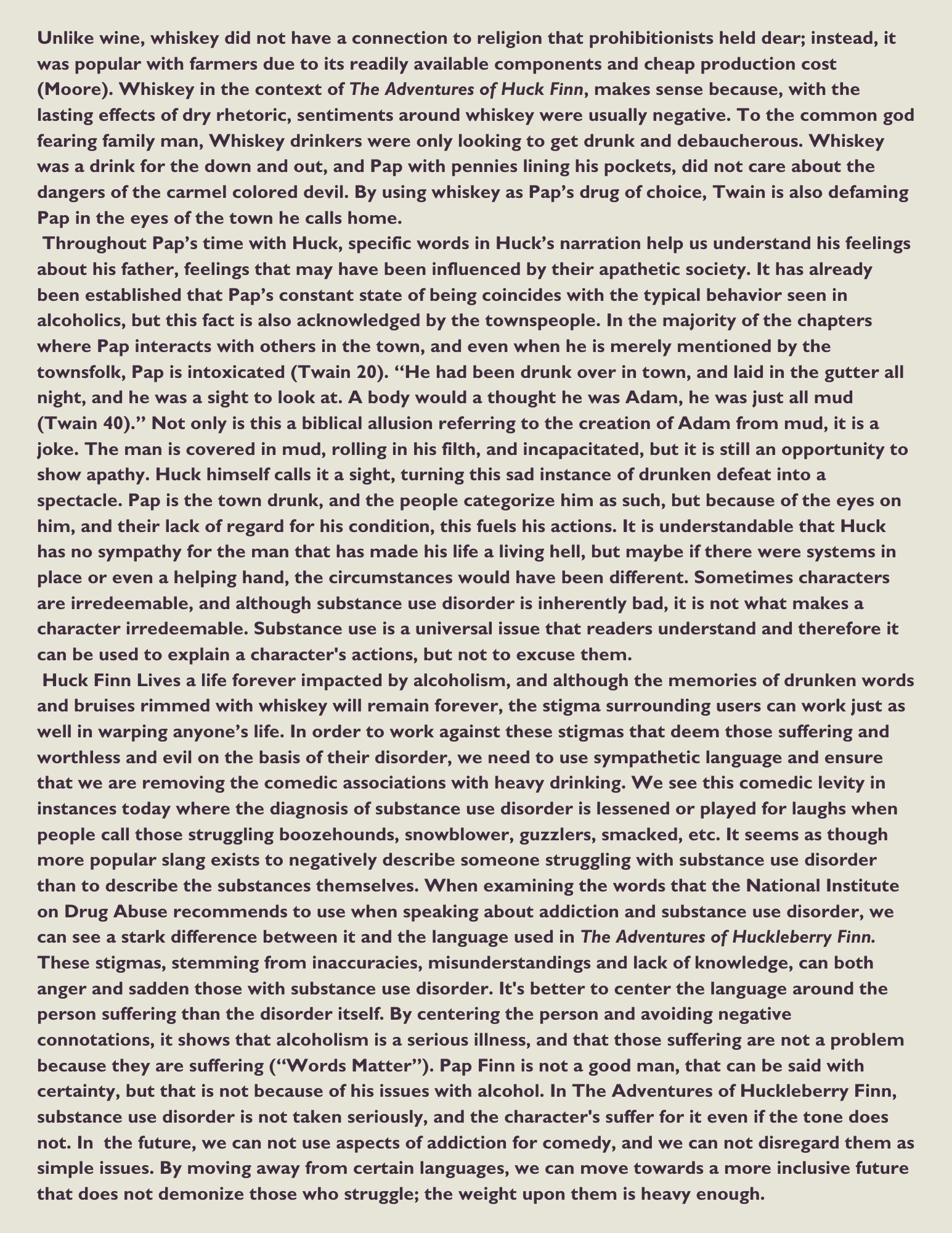 A lengthy page of text discussing alcohol, whiskey, addiction, and societal perceptions with emphasis on terms from literary and cultural references.